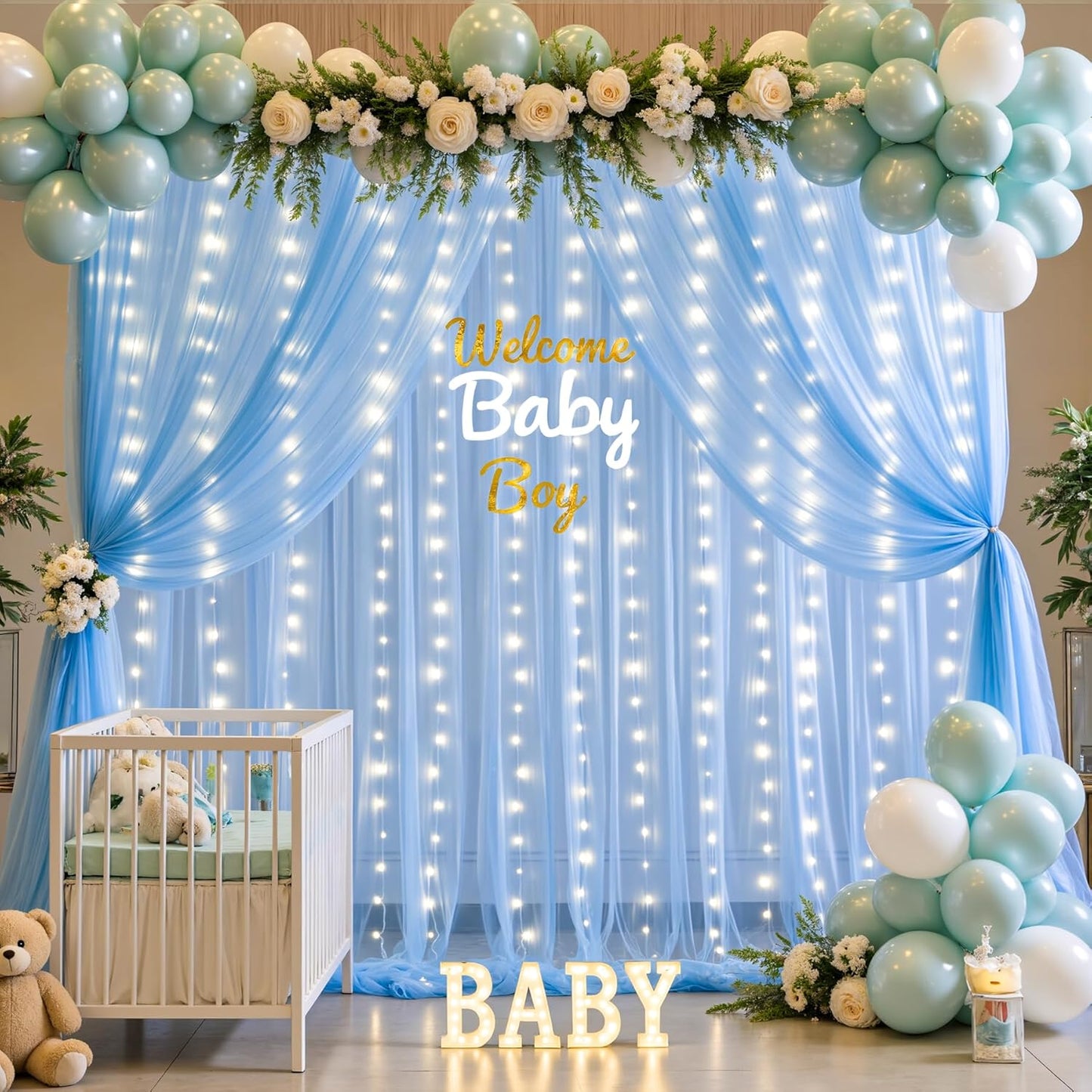 Suppromo 2 510ft Baby Blue Backdrop Curtains with Lights String for Baby Shower Parties Panels Sheer Tulle Backdrop
