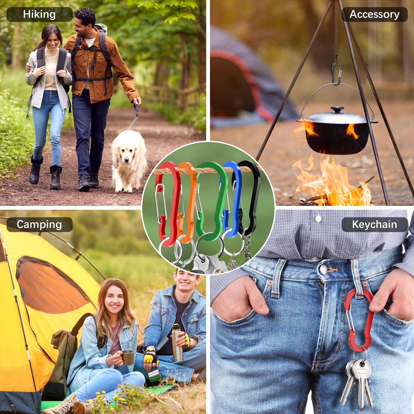 sprookber 3.2 Inch Aluminum Carabiner Clips D Ring, Caribeaner Spring Snap Hook with Keychain for Camping, Hiking, Gym & Outdoor Gear, Set of 10(Multicolor)