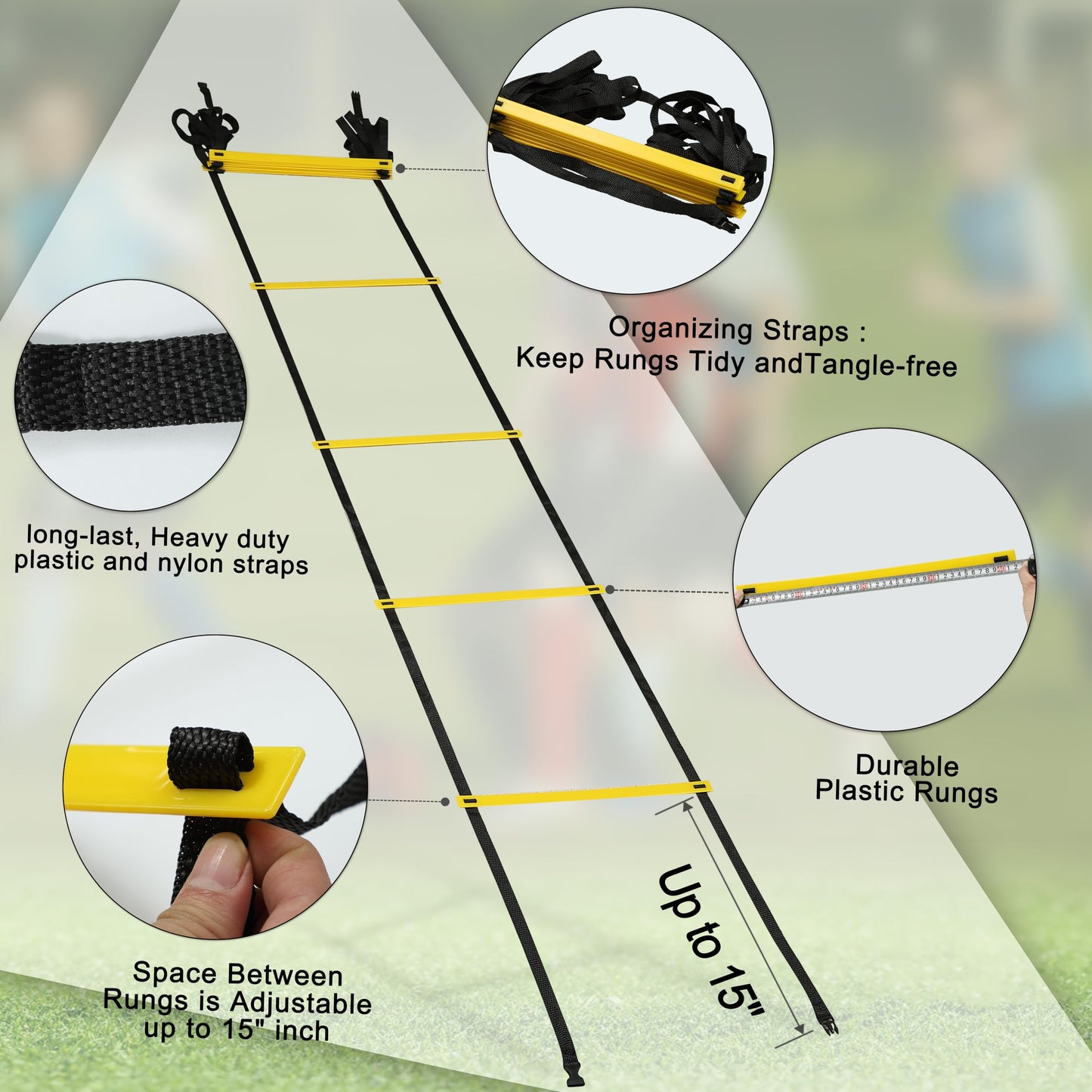 NKJIH 20ft Adjustable Agility Speed Ladder Training Ladder with Carry Bag - Soccer, Speed, Football Fitness Feet Training - Agility Training Equipment for Footwork Drills(Yellow)