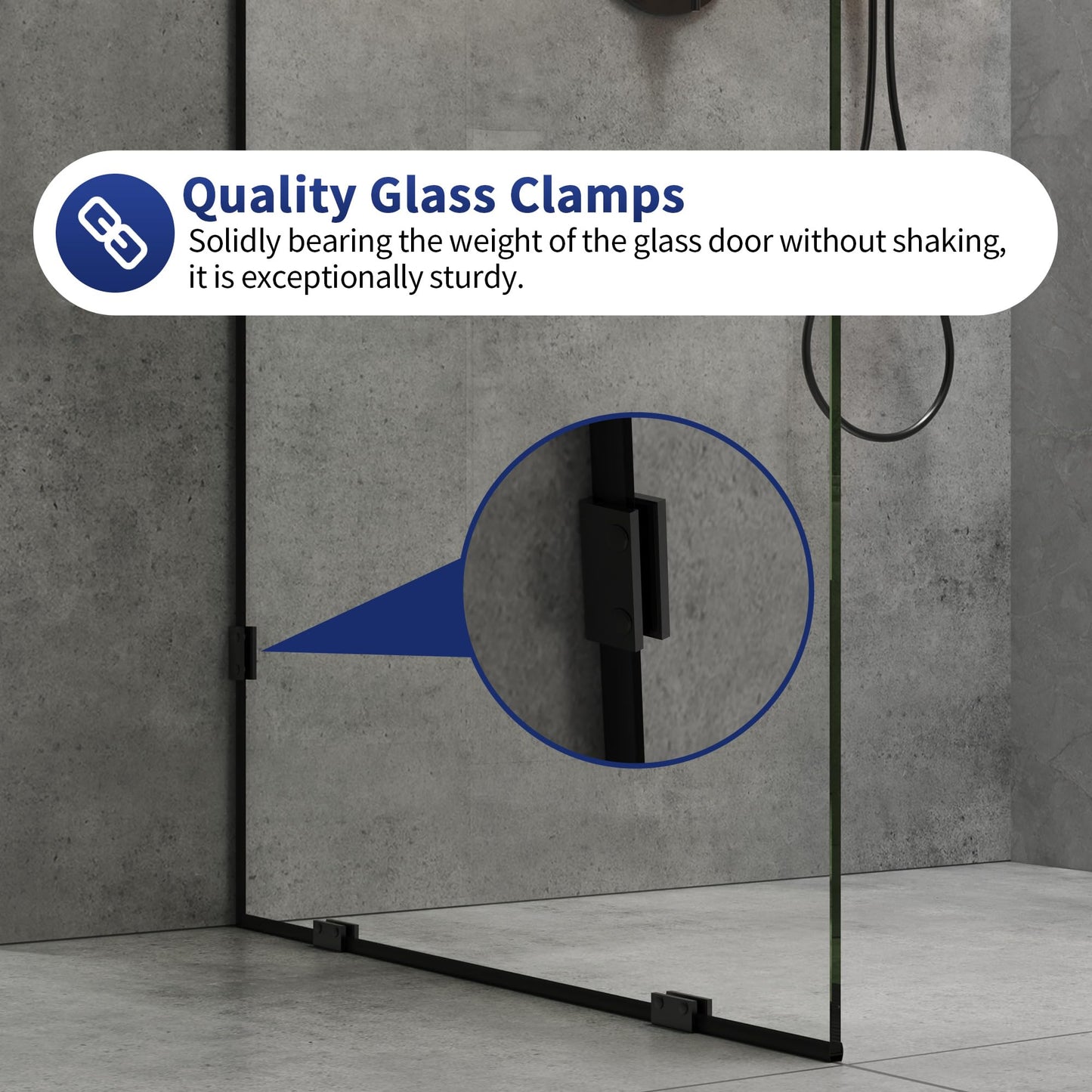 DeerValley 34"×74" Shower Glass Panel, 5/16'' (8mm) Thick Fixed Glass Shower Panel, Frameless Shower Screen for Walk in Shower, Tempered Glass Half Door with Stainless Steel Clamps (Black)