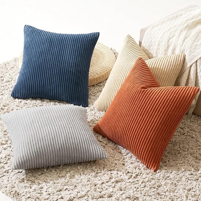 MIULEE Boho Farmhouse Throw Pillow Covers 20x20 Inch Set of 4 Summer Mordern Neutral Cushion Covers Soft Corduroy Nordic Home Decor for Couch Bed Sofa Living Room Blue-Yellow