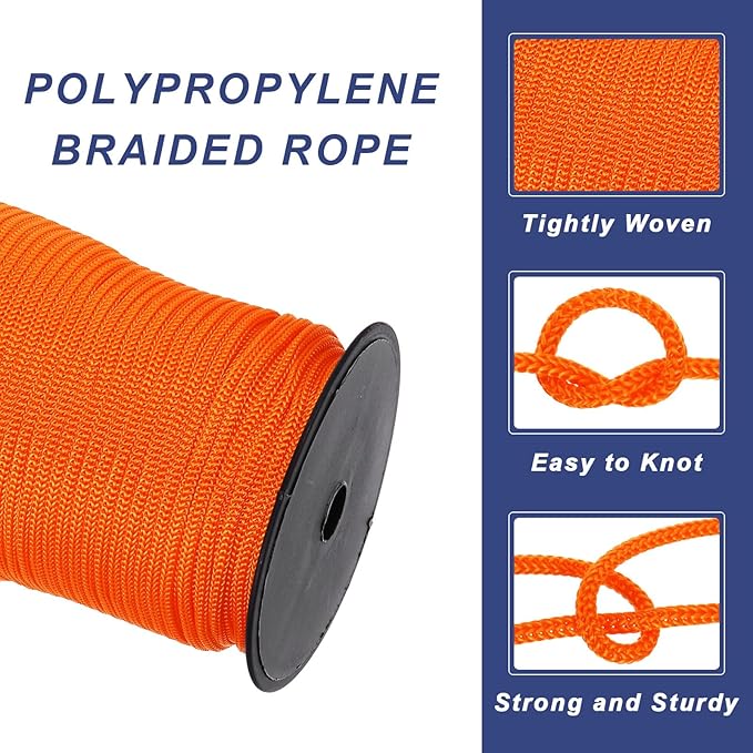 MECCANIXITY 3/16 Inch Polypropylene Rope Braided Ropes, 328ft Nylon Rope Hollow Utility Cord for Clothesline, Camping, Hiking, Outdoor, Dark Orange