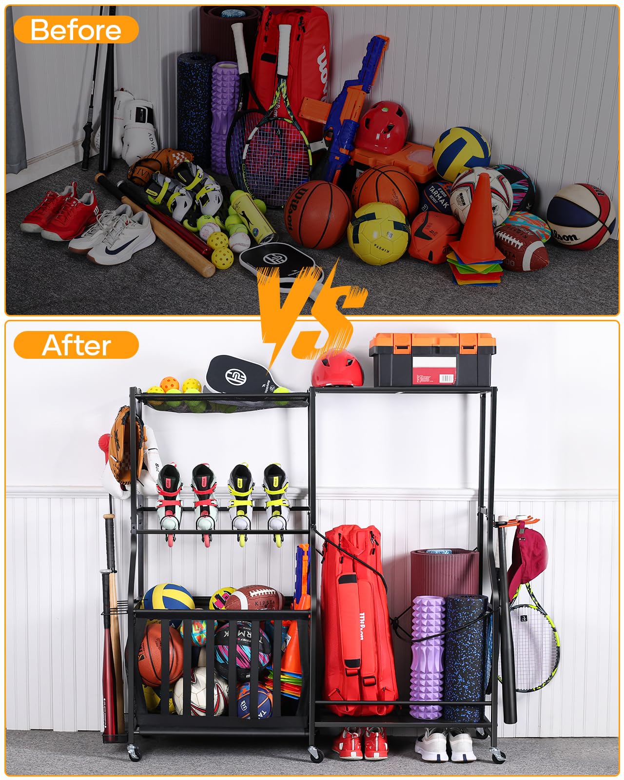 EXTCCT Garage Sports Equipment Organizer with Wheels - Golf Bag Storage Rack and Ball Storage Bins, Heavy Duty Rolling Garage Organizer System with Basket and Hooks for Indoor (Black-Large)