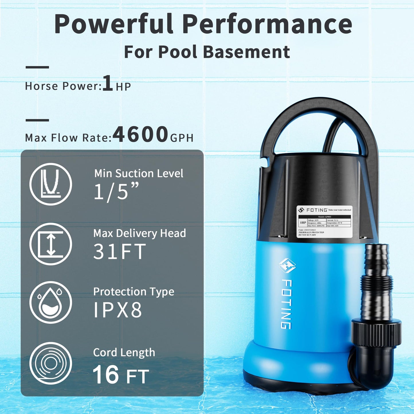 FOTING Sump Pump with 50FT Pool Backwash Hose 1-1/2 IN, 1HP Clean/Dirty Submersible Water Pump, 4600GPH Utility Pump Thermoplastic Electric Portable Transfer Water Pump for Swimming Pool Garden Pond B