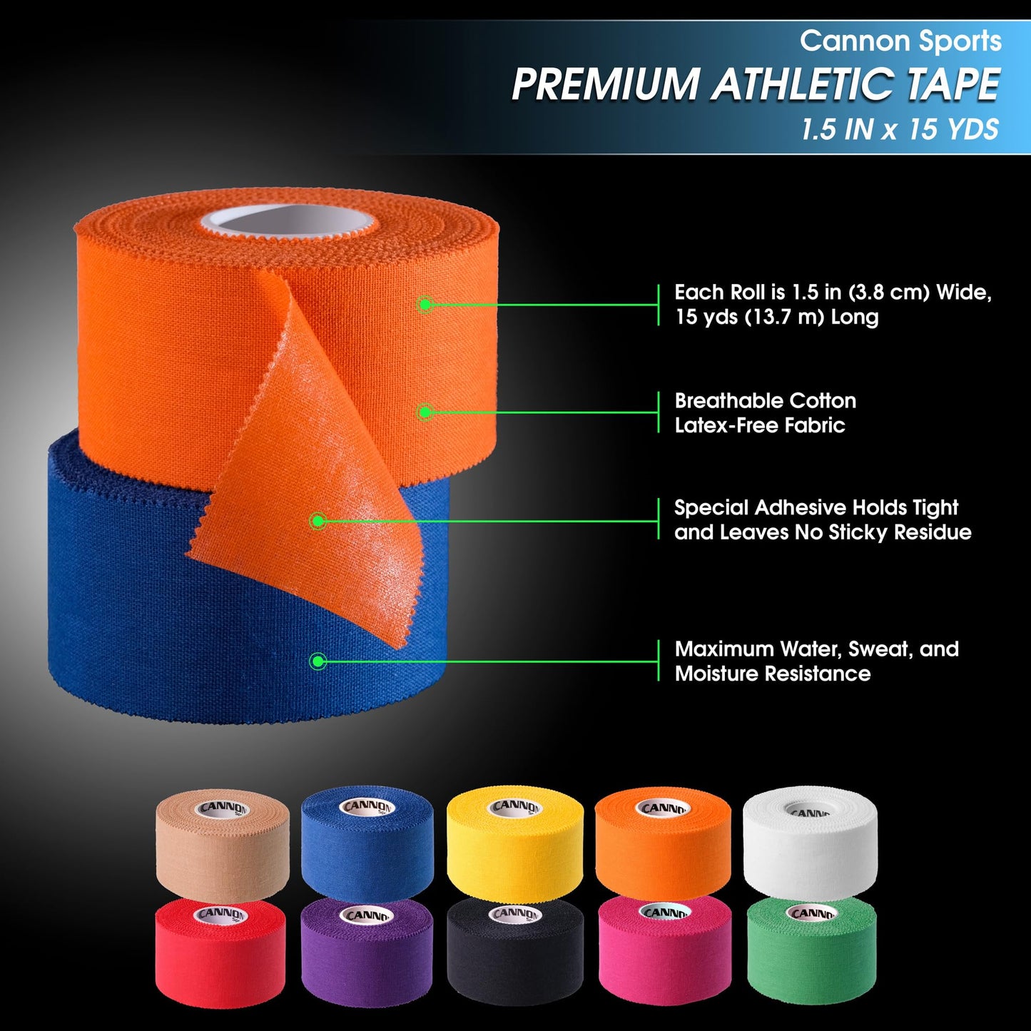 Cannon Sports Premium Athletic Tape - 1.5” x 45 Feet Per Roll - Easy Tear, No Sticky Residue, Very Strong, Hypoallergenic, Latex Free - Pack of 8 (White-Black-Pink-Purple-Blue-Natural-Red-Orange)