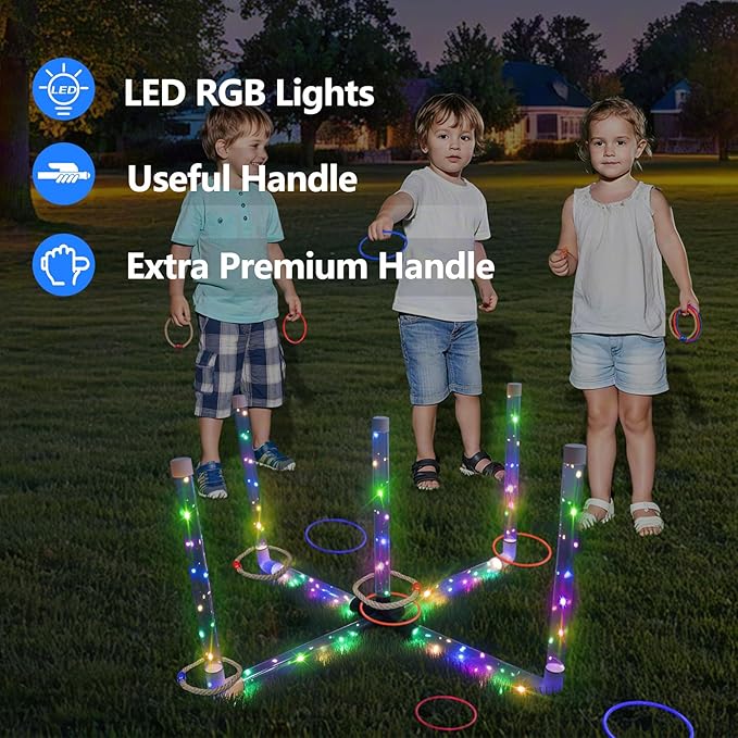 Outdoor Ring Toss Game, Upgraded 15-Inch Backyard and Lawn Games for Adults & Kids, Backyard Camping Sports Activities, Best Party Gifts for Ages 8-12+ Years Old, LED Ring Toss with Carry Case