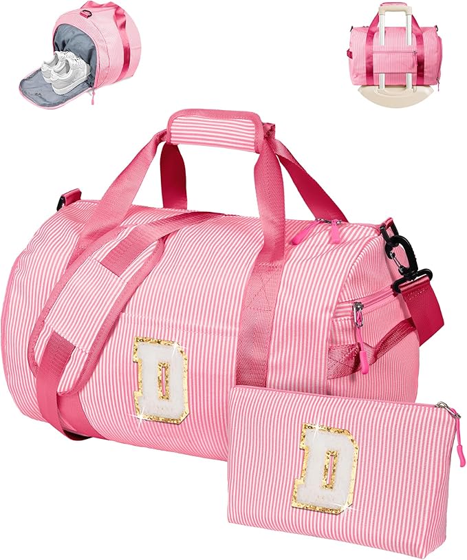 Girls Cheer Up Gifts, Girl Gym Bag, Kids Initial Overnight Duffel Bags with Shoe Compartment, Personalized Travel Bag with Makeup Pouch, Birthday Gift for Granddaughter (Letter D)