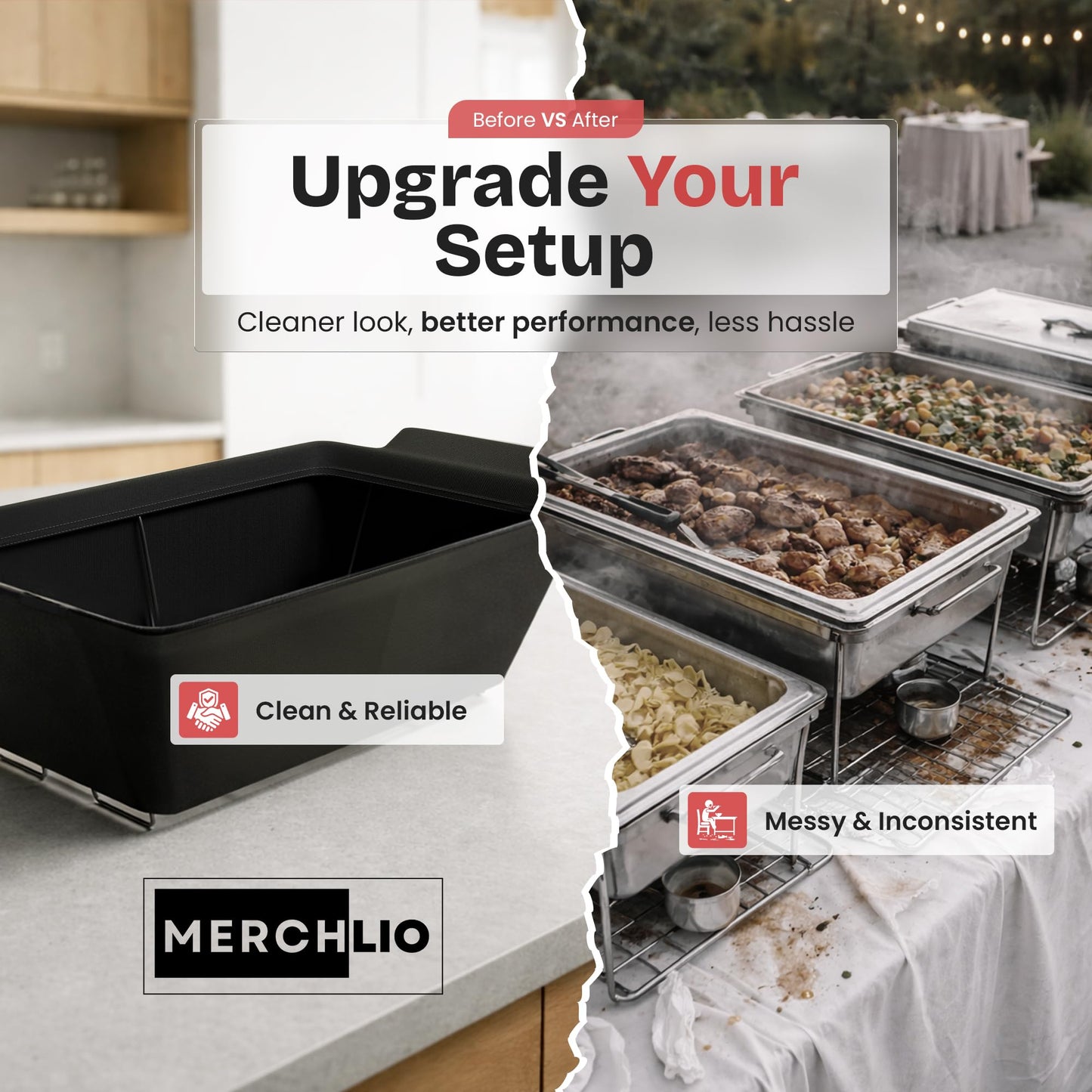 Chafer Wind Guard by Merchlio- 4 Pack | Handle Covered Chafer Dish Covers | Fitted, Washable & Elegant Buffet Decor | Functional Catering Wind Guard | Black