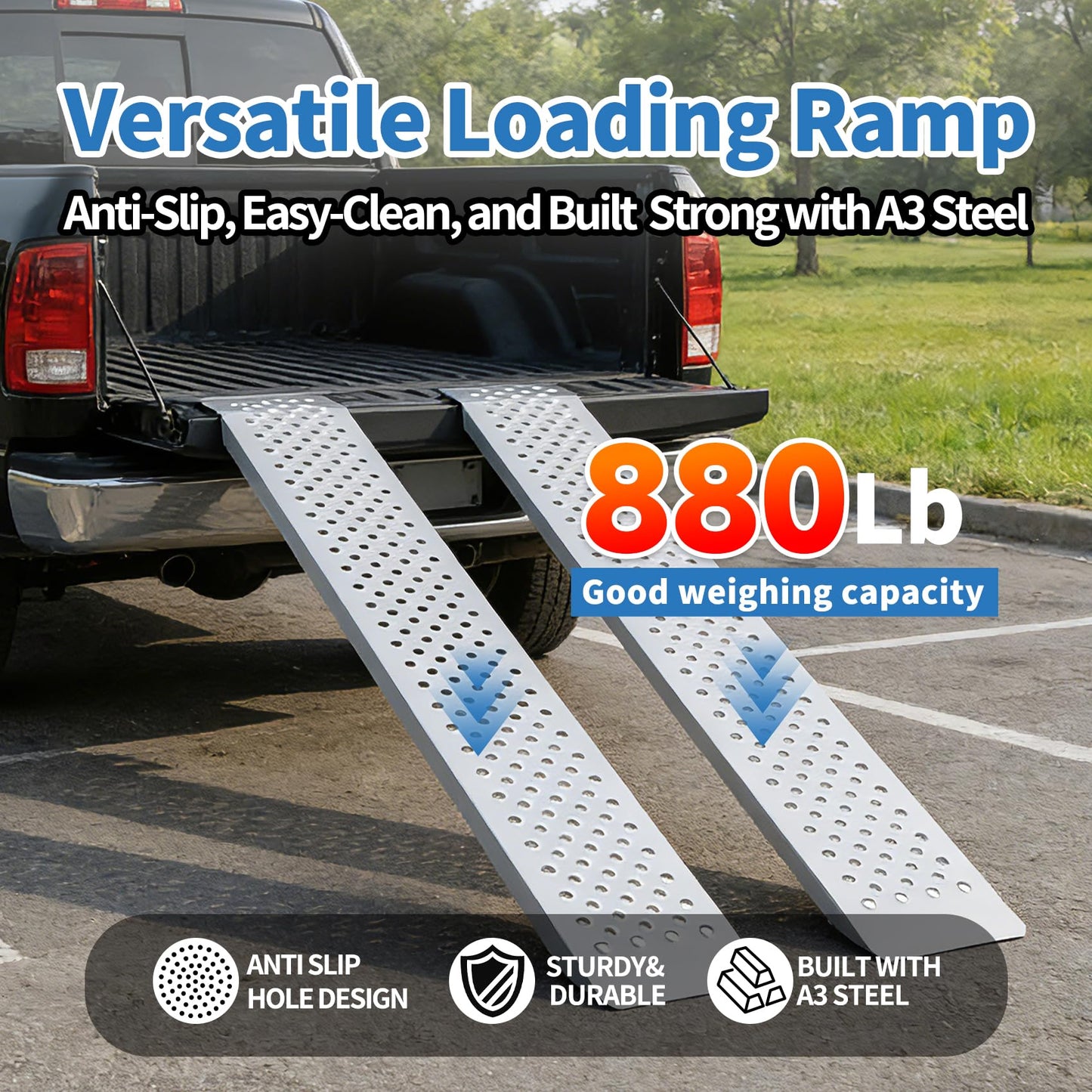 GETTKAOR Heavy Duty Steel Loading Ramps - 880 LbS Capacity Anti-Slip Shed Ramps with Locking Bolts for Lawn Mower, ATV, Motorcycle and Dirt Bikes,2-Pack (880lbs-1.5m)