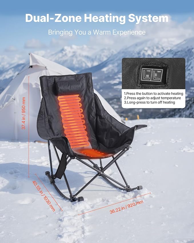 VEVOR Heated Camping Chair, 3 Heating Settings, Large-Sized Padded Folding Rocker, Heavy Duty Outdoor Lawn Chairs with Pocket & Cupholder, Support 225lbs, Portable Heated Chair for Sports Winter Use