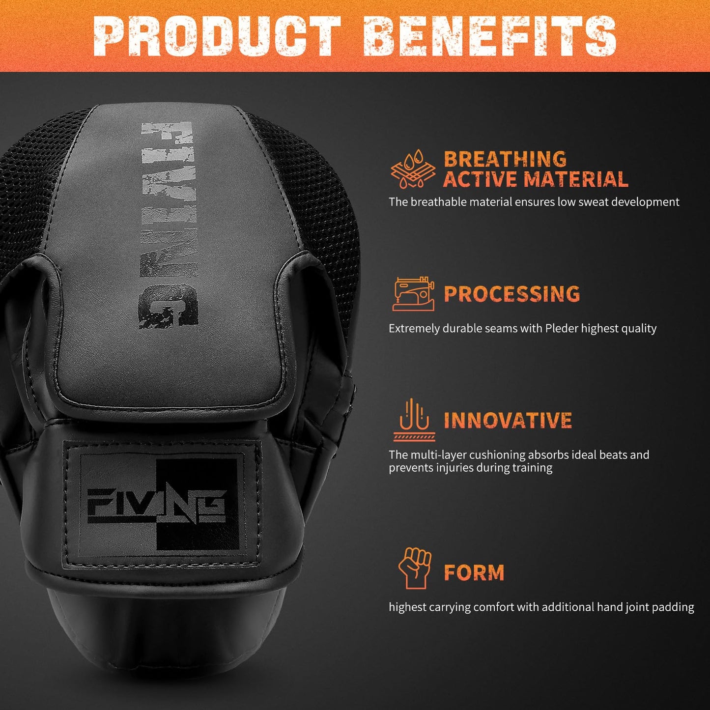 Boxing Pads for Men, Women, & Kids, Leather Focus Mitts for Martial Arts, Boxing Training, Curved Punch Mitts for Karate, Kickboxing,Muay Thai, Taekwondo Black/Black