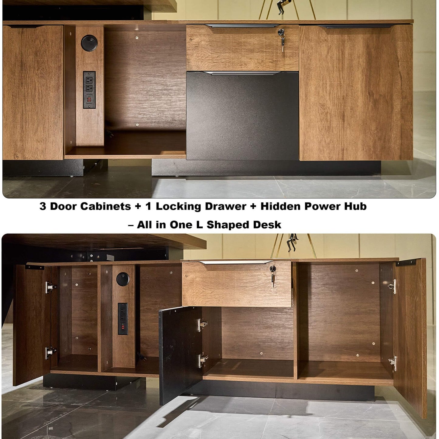 Retractable L-Shaped Executive Desk, Modern Office Desk with locking Drawers and File Cabinet, Large Computer Desk with Storage Shelves, Workstation for Home Office (Left Return, 70.86 - 78.7 IN)
