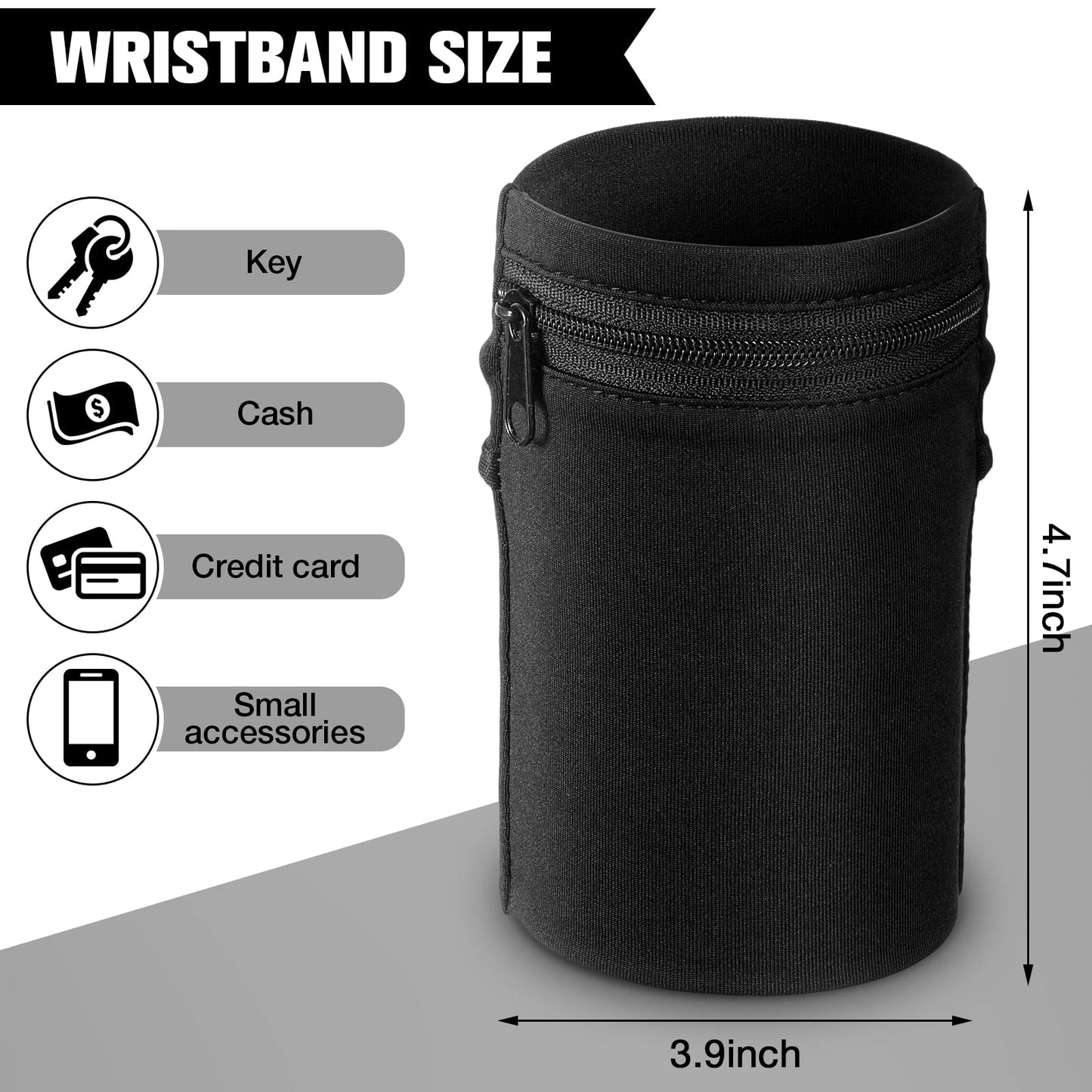 Honoson 5 Pcs Wrist Wallet for Women Men, Zipper Wrist Pouch Running Wallet Wristband Sweatband, 2 Pockets, Spandex, Large, Dark Colors for Running, Walking, Hiking, Jogging, Travel