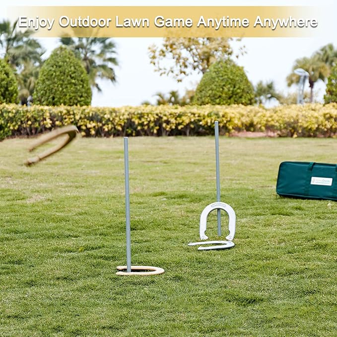 Horseshoes Set, Lawn Horseshoe Outside Game Kit for Teens Adults Families - Includes 4 Horse Shoes, 2 Stakes and Carrying Case