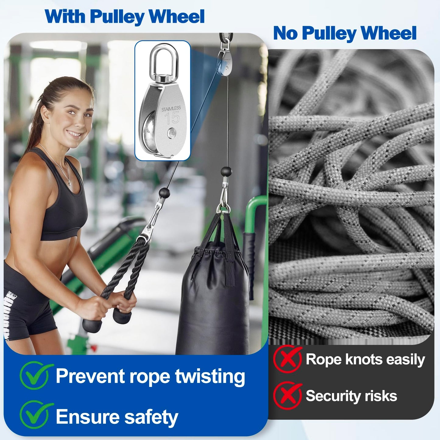 Cable Pulley Wheel Stainless Steel, 8 Pack M15 Single Pulley Snatch Block, Heavy Duty Lifting Crane Swivel Hook, Bearing Inside Rope Pulleys for Lifting System Gym Equipment Clothesline, 77 lbs Load