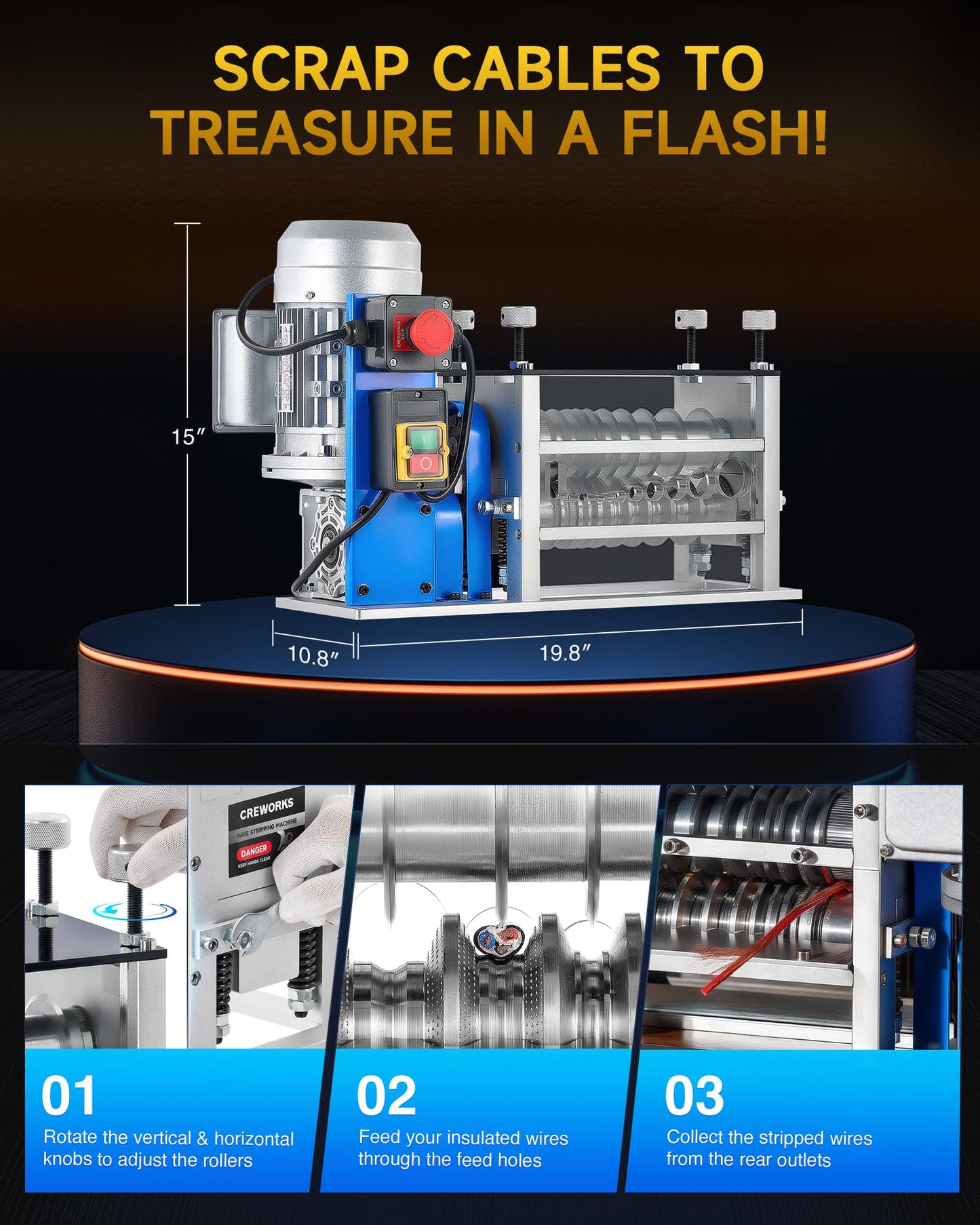 CREWORKS Electric Wire Stripping Machine, 11 Channel Automatic Wire Stripper for 0.06-1.6 in. Copper Wires, 550W Cable Stripper Machine with 10 Blades, Electric Wire Stripper for Workshop Recycling