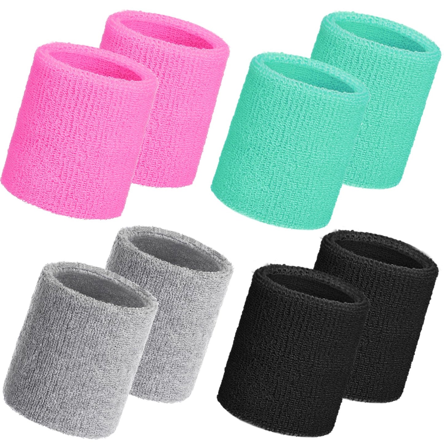 WILLBOND 8 Pack Wrist Sweatbands Sports Wristbands Tennis Sweatbands Neon 80s Thick Cotton Gymnastics Sweat Band Athletic Football Soccer Sports Wristband for Men Women Party(Green Pink Grey Black)