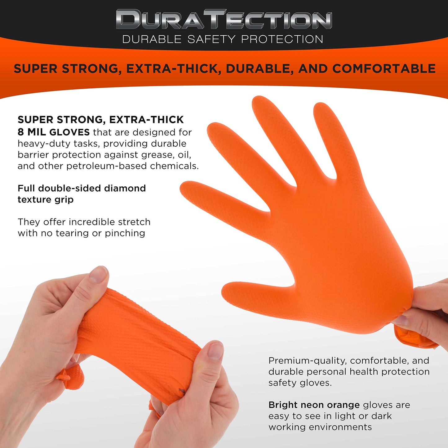 Dura-Gold Duratection 8 Mil Orange Super Duty Diamond Textured Nitrile Disposable Gloves, 10 Boxes of 100, X-Large - Latex Free, Powder Free, Food Safe, Safety Protection Work Gloves, Industrial