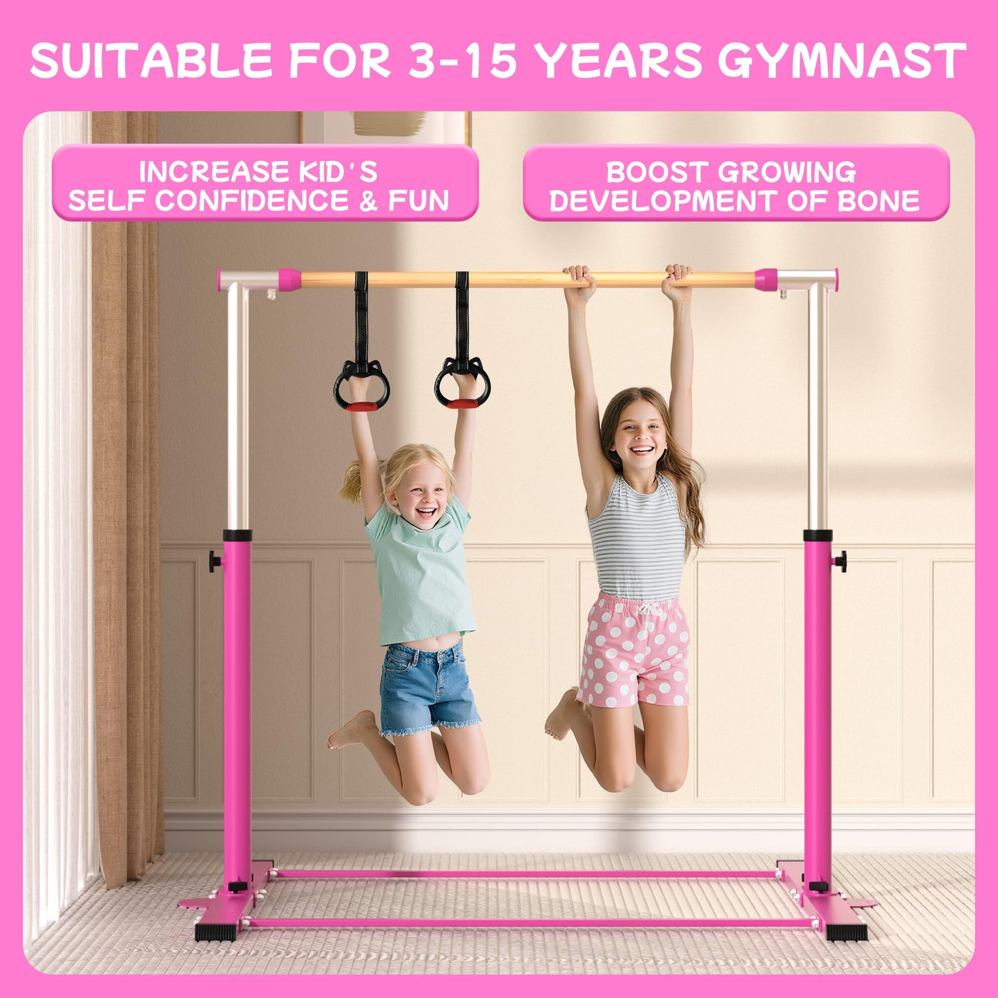 EL&IT·Wings Gymnastic Kip Bar,Horizontal Bar for Kids Girls Junior,3' to 5' Adjustable Height,Home Gym Equipment,Ideal for Indoor and Home Training,300lbs Weight Capacity