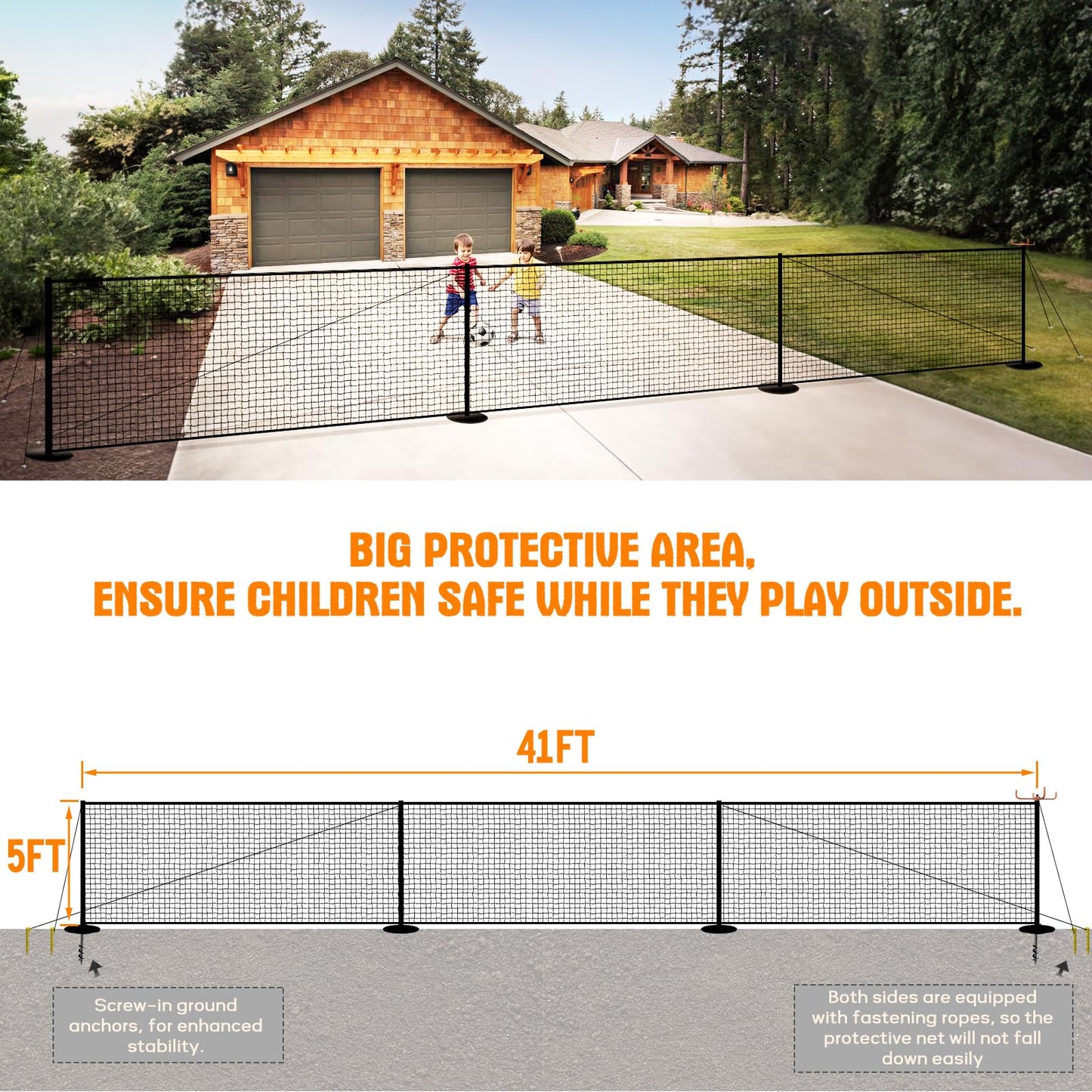 41FT x 5FT Driveway Safety Net Fence, Outdoor Yard Play Area Safety Barrier for Kids| Heavy Duty Steel Poles & Net, Not Fall Down Easily | Guard Net Length Adjustable, Easy to Recycle and Install