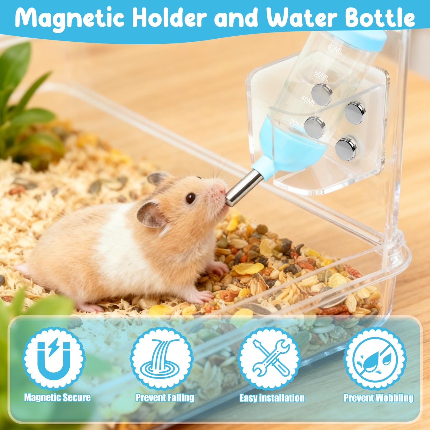 Magnetic Hamster Water Bottle Holder with Water Bottle, Adjustable Height Drop-Resistant Stand, Fits Bottles up to 2" Dia, Universal for Small Pets (Hamsters, Gerbils, Mice), Hamster Cage Accessories