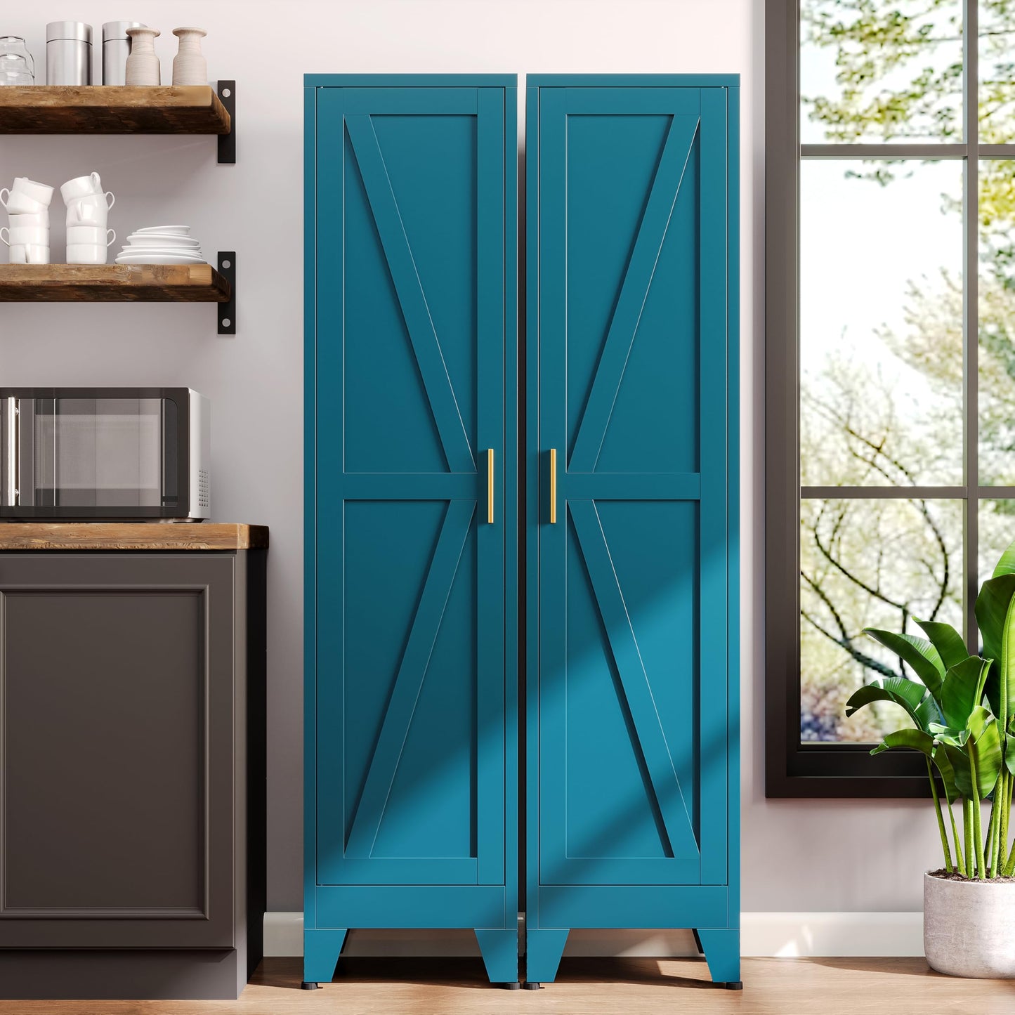 QPRVPTOW 67" H Broom Closet Storage Cabinet,Metal Cleaning Cabinet,Narrow Storage Cabinets with 4 Adjustable Shelves,Slim Tall Floor Cabinet