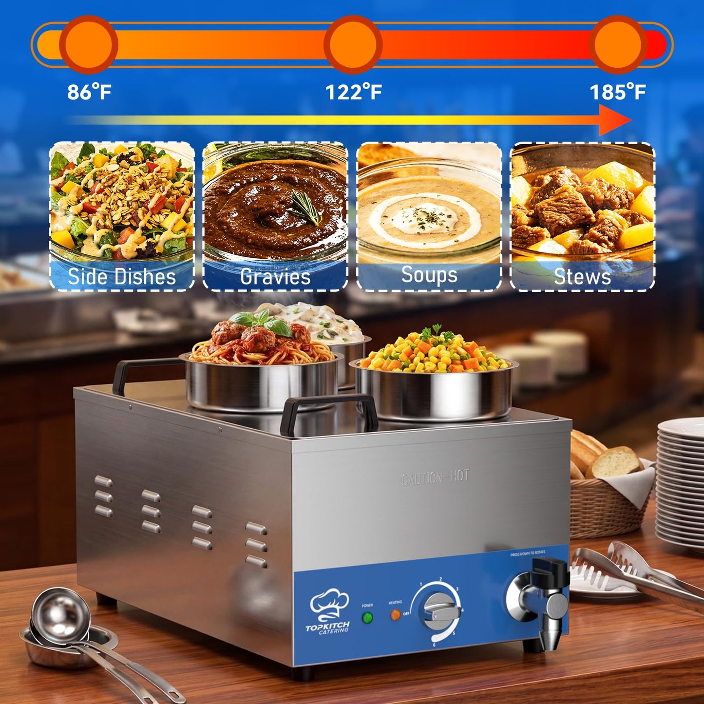 TOPKITCH ETL Listed Commercial 12L Soup Warmer with 3×4L Pot，Drain,Seamless One-piece Tank,86-185℉ Adjustable Thermostat,TempLimiter-120V/1200W Commercial Bain Marie Electric Food Warmer