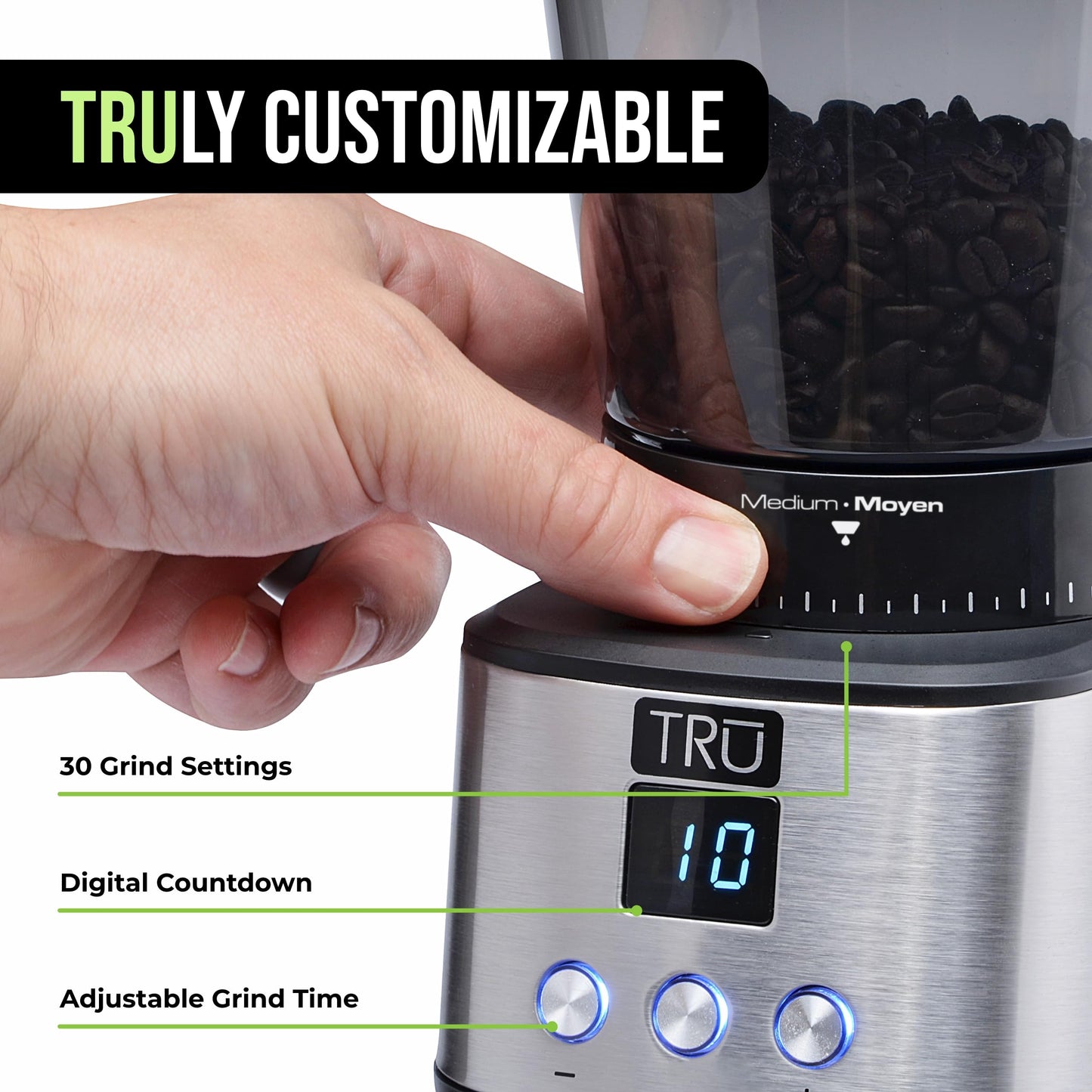 TRU Conical Burr Grinder - Precision Coffee Bean Grinder with 30 Grind Settings - Adjustable Grind Time & Digital Countdown - 9 oz Bean Hopper for Espresso & Drip Coffee