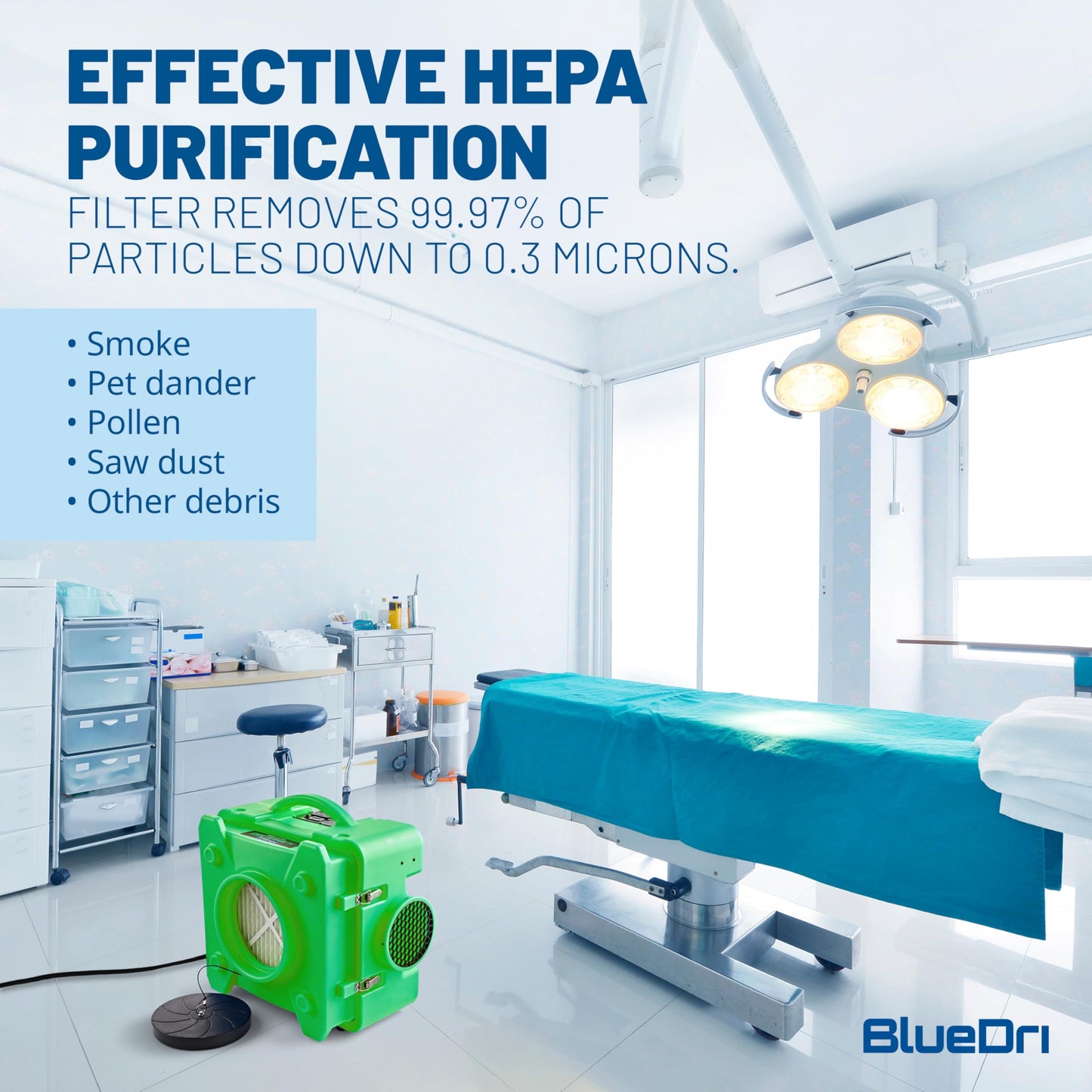 BlueDri Air Shield 550 HEPA Air Scrubber, Water Damage Restoration Equipment Air Purifier, Covers 1400 Sq. Ft, Daisy Chain Capable, For Commercial Use, Green, BD-AS-550