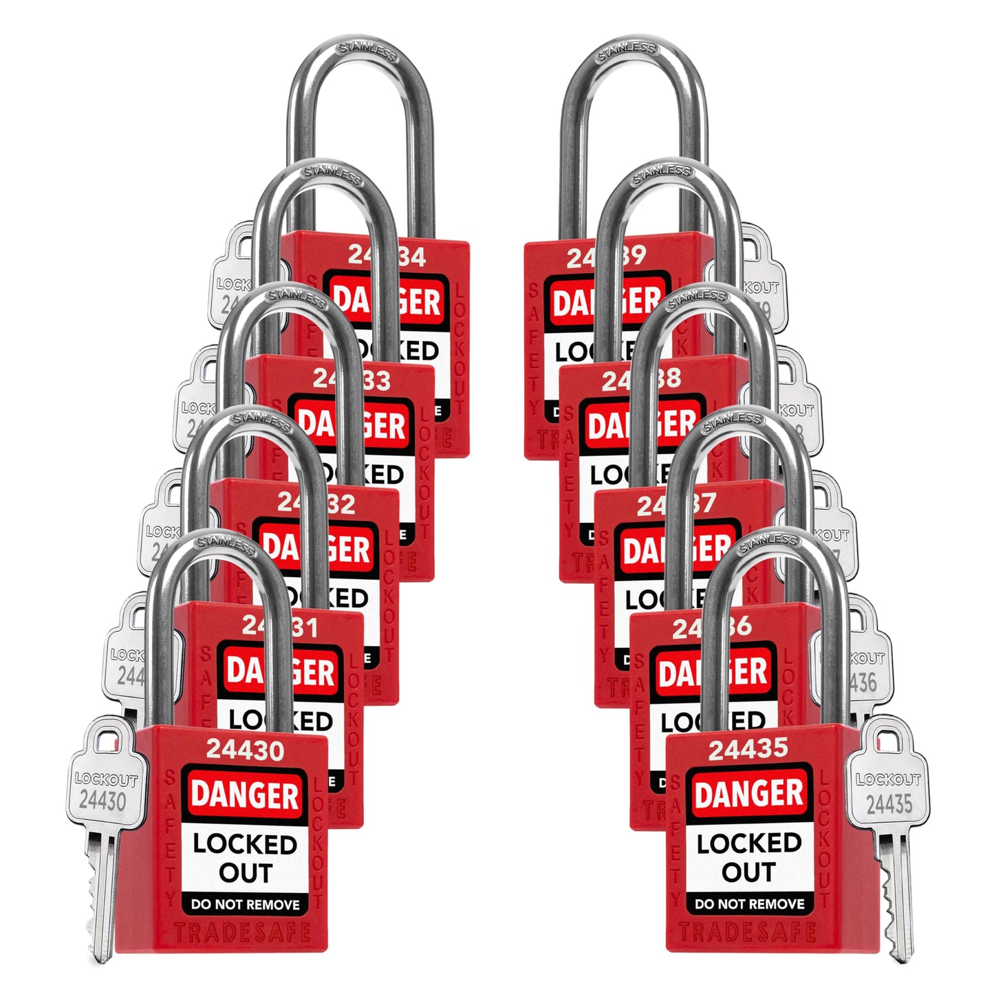 TRADESAFE Lockout Tagout Locks Set - 10 Red Loto Locks, Lockout Locks Keyed Different, 1 Key Per Lock, OSHA Compliant Lock Out Tag Out Padlocks, Safety Padlocks for Electrical Lockout Tag Out Kits