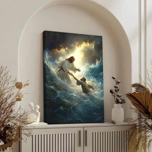 Jesus Wall Art by KFYMP - Inspiring Canvas Print of Jesus Rescuing Peter - 12x16 Inch Christian Decor