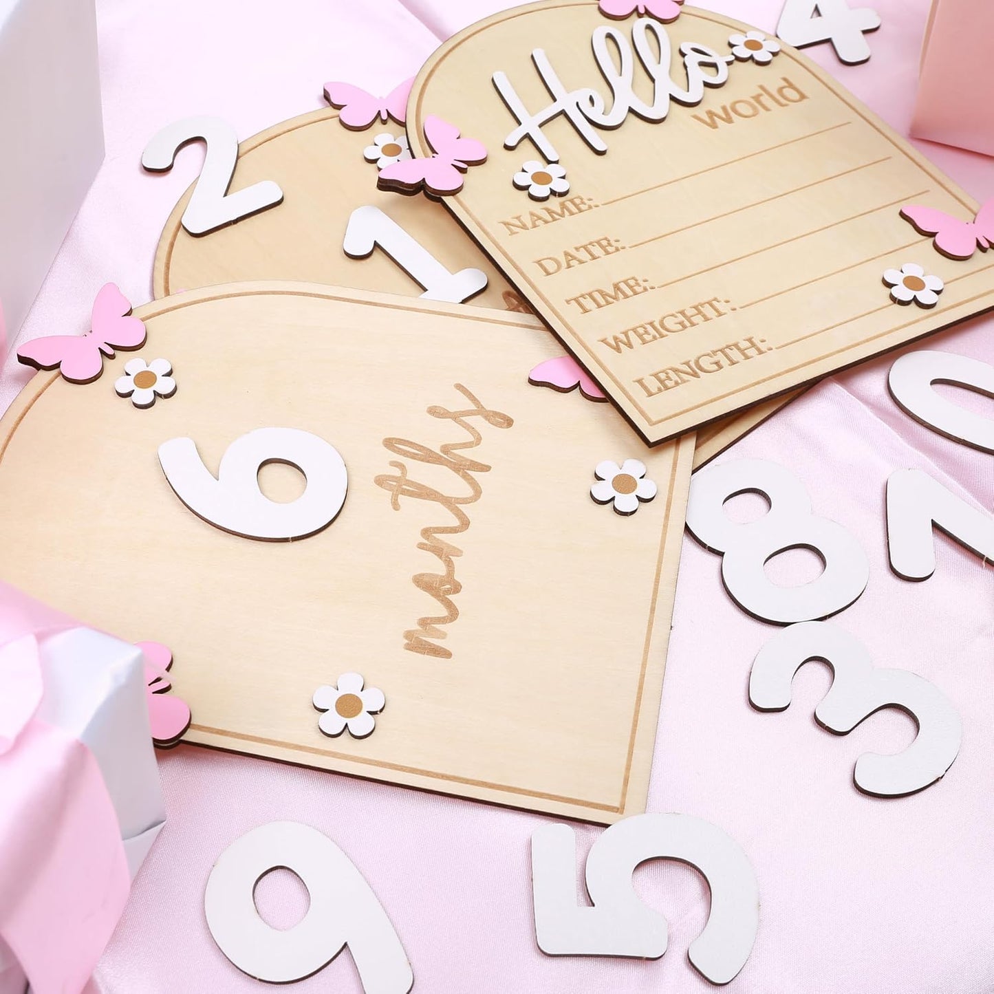 Board,3D Pink Butterfly Hello World Newborns Welcome Wooden Monthly Milestone Cards,Pink Butterfly Newborn Birth