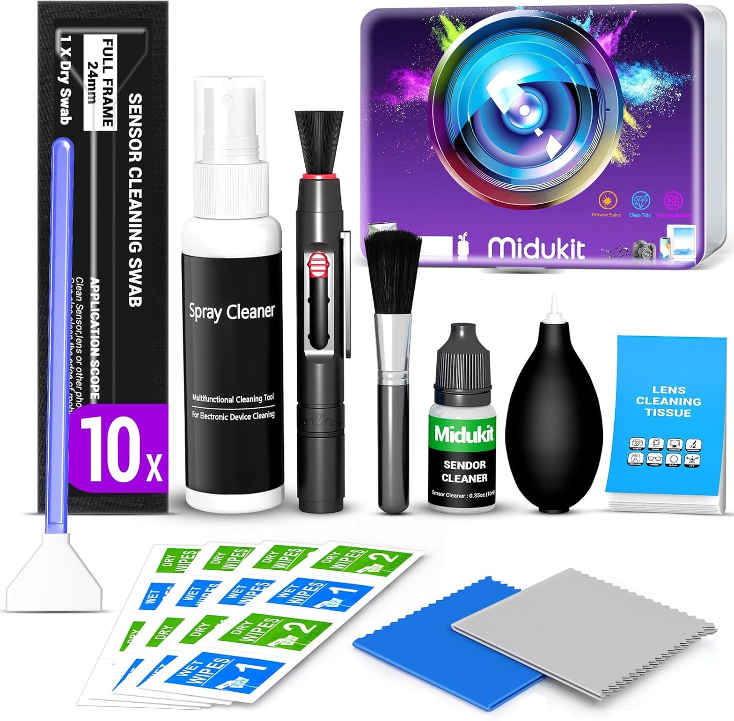 Midukit 10x Updated Camera Lens and Sensor Cleaning Kit for Full Frame DSLR - Swabs, Cleaner, and Essentials for Canon