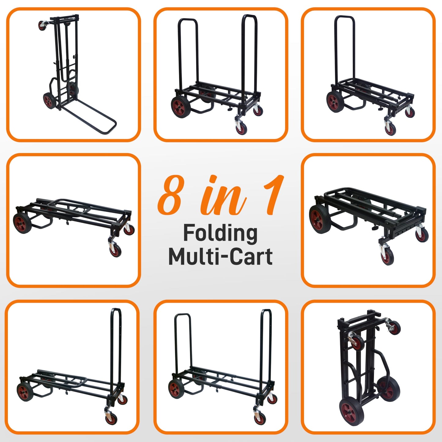 Pyle Compact Folding Adjustable Equipment Dolly - Heavy Duty 8-in-1 Convertible Cart Hand Truck/Dolly/Platform Cart with R-Trac Wheels - Expandable Up to 27.52'' to 44.25'' - 300 LBS MAX LOAD CAPACITY