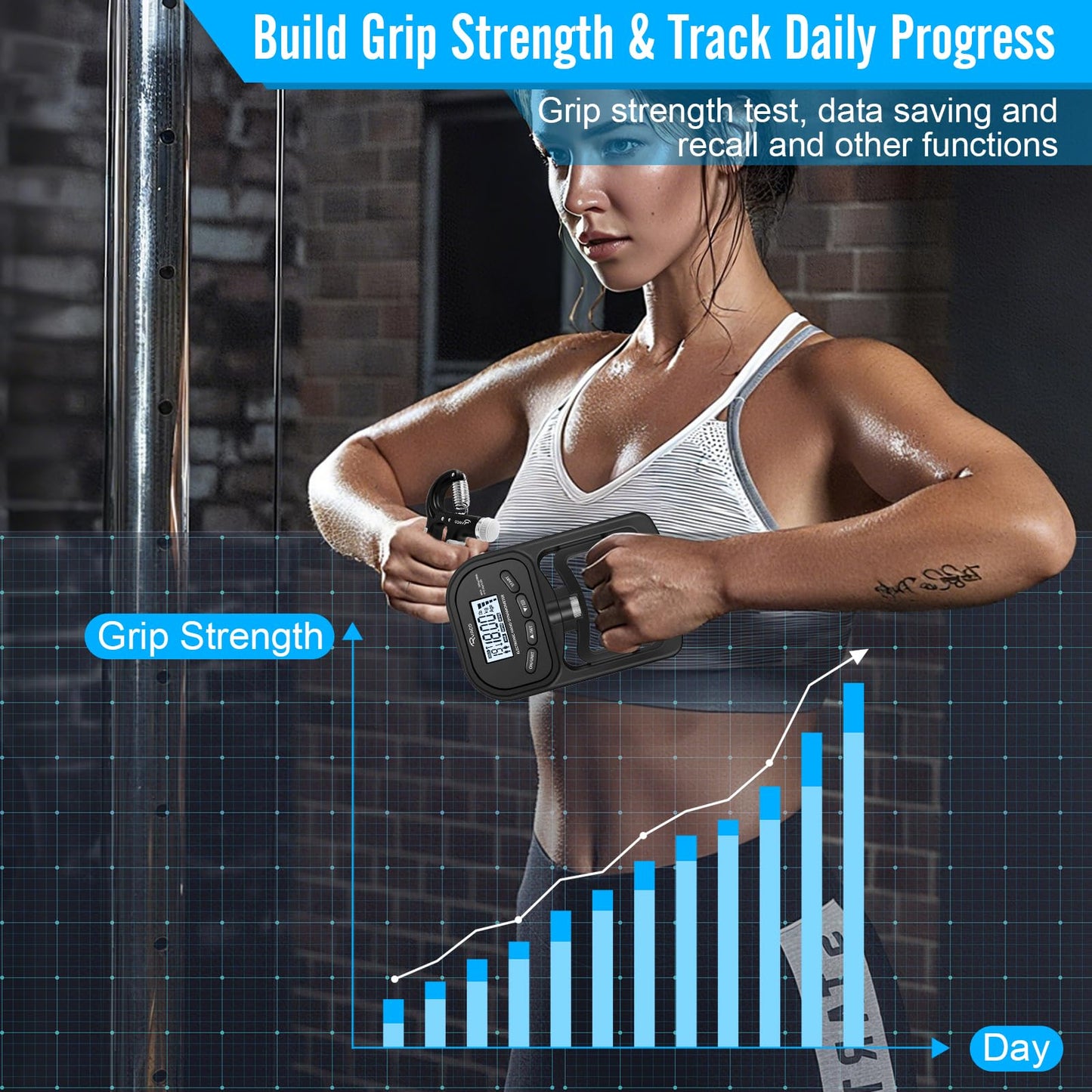 Ryaco Grip Strength Tester With Adjustable Hand Gripper, 396lbs/180kg Digital Hand Dynamometer Grip Strength Trainer Set Electronic Hand Grip Strengthener with LCD Display for Rehab Fitness Home Use