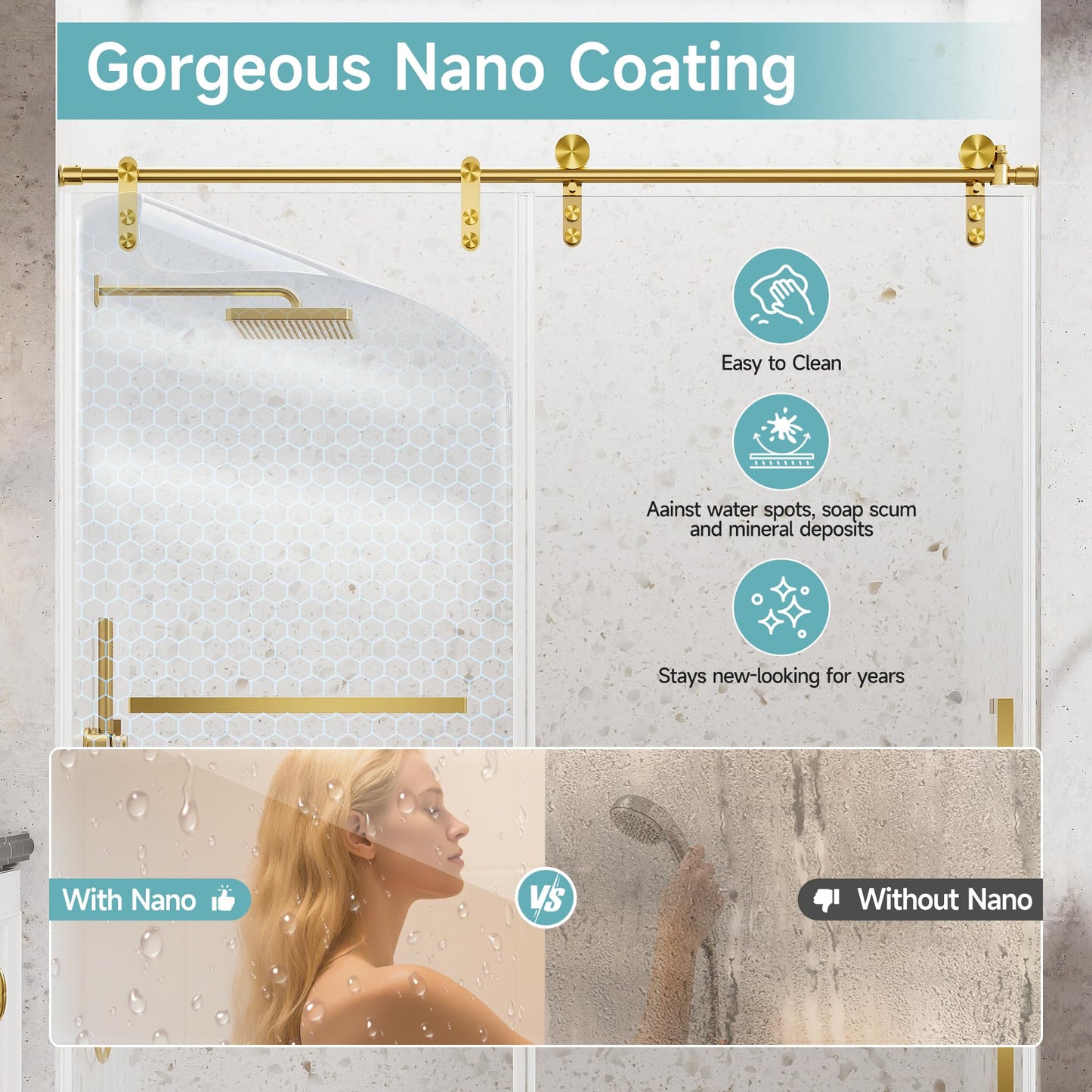 56-60" W x 75" H Glass Shower Door, Frameless Shower Door with 5/16" (8mm) Clear SGCC Tempered Glass, Explosion-Proof Film, Stainless Steel Hardware, Gold
