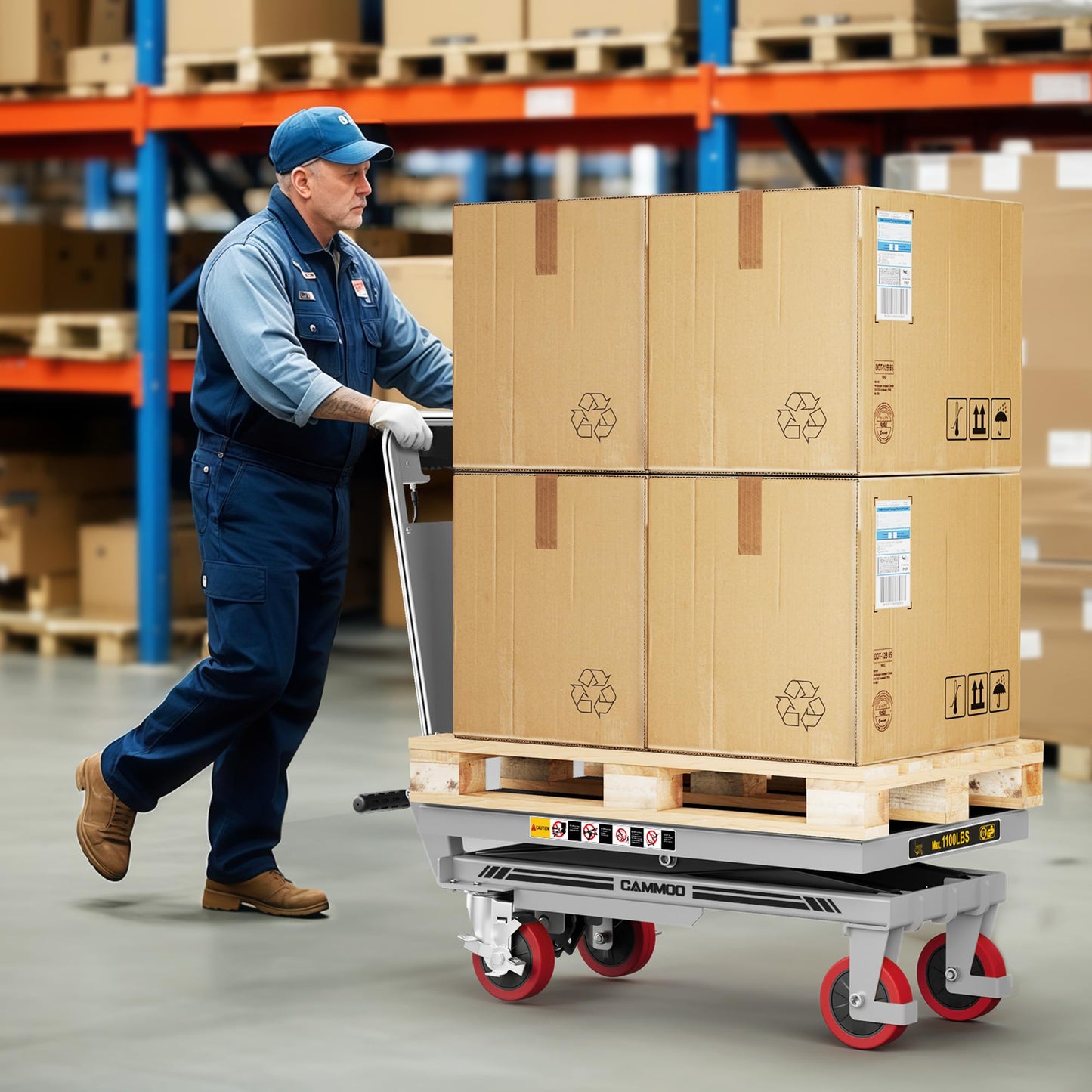 Hydraulic Lift Table Cart, 1100lbs Capacity, 34.7" Lifting Height, Single Scissor Lift with Non-Slip Pad & Safety Guard Foldable Handle for Material Handling and Transportation, Gray