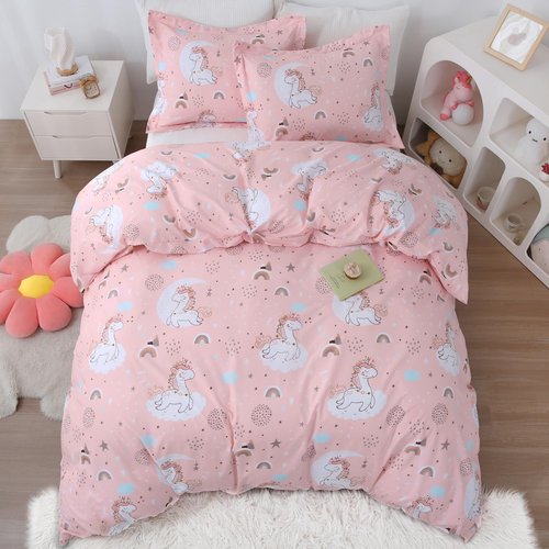 JSD Pink Unicorn Kids Duvet Cover Set Twin Size, 2 Piece Girls Print Microfiber Comforter Cover with Pillow Sham Zipper Closure, Comforter Not Included