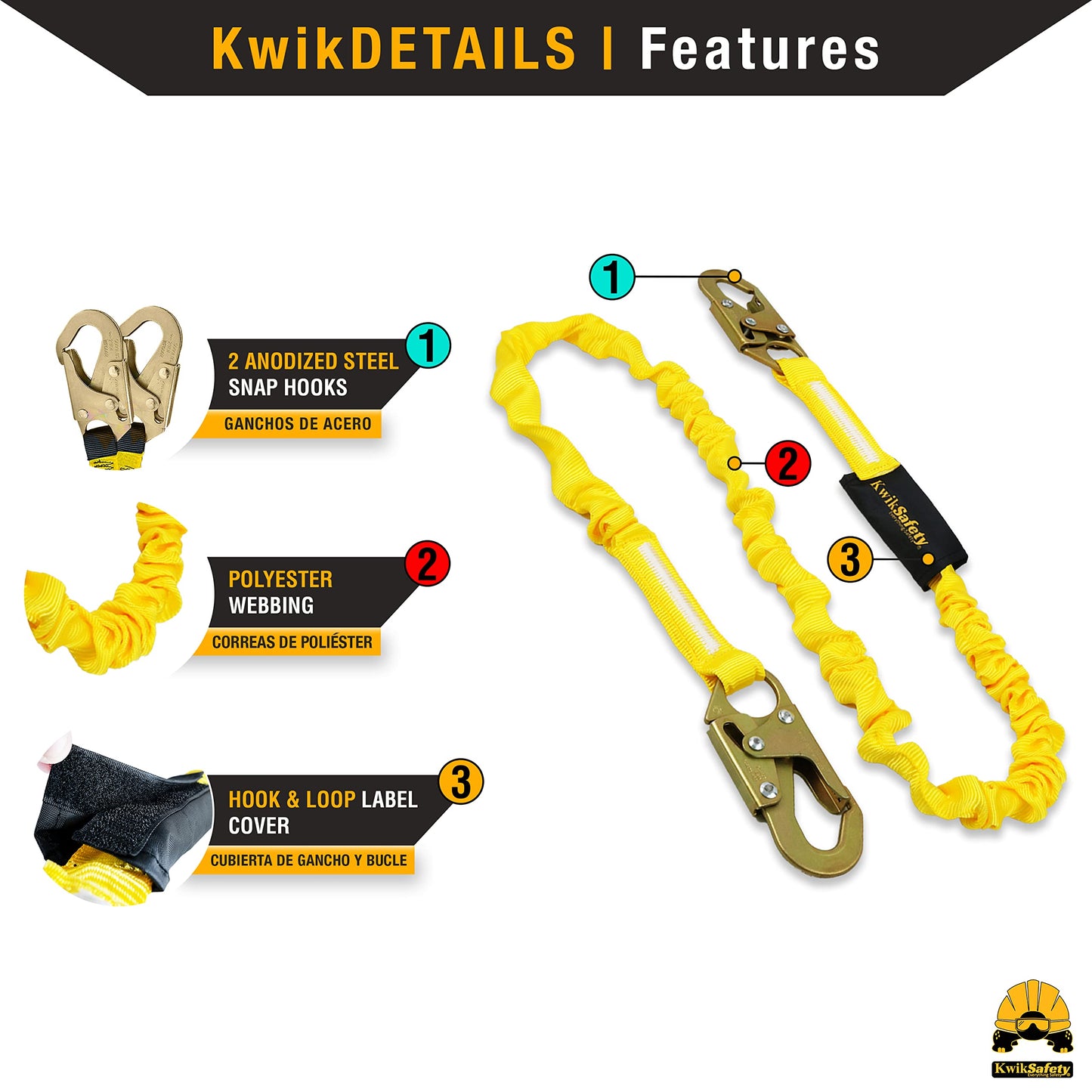 KwikSafety - Charlotte, NC - Rattler [4 Pack] Internal Shock Absorber Single Leg 6ft Safety Lanyard OSHA ANSI Fall Arrest Protection Equipment Snap Hooks Construction Arborist Roofing