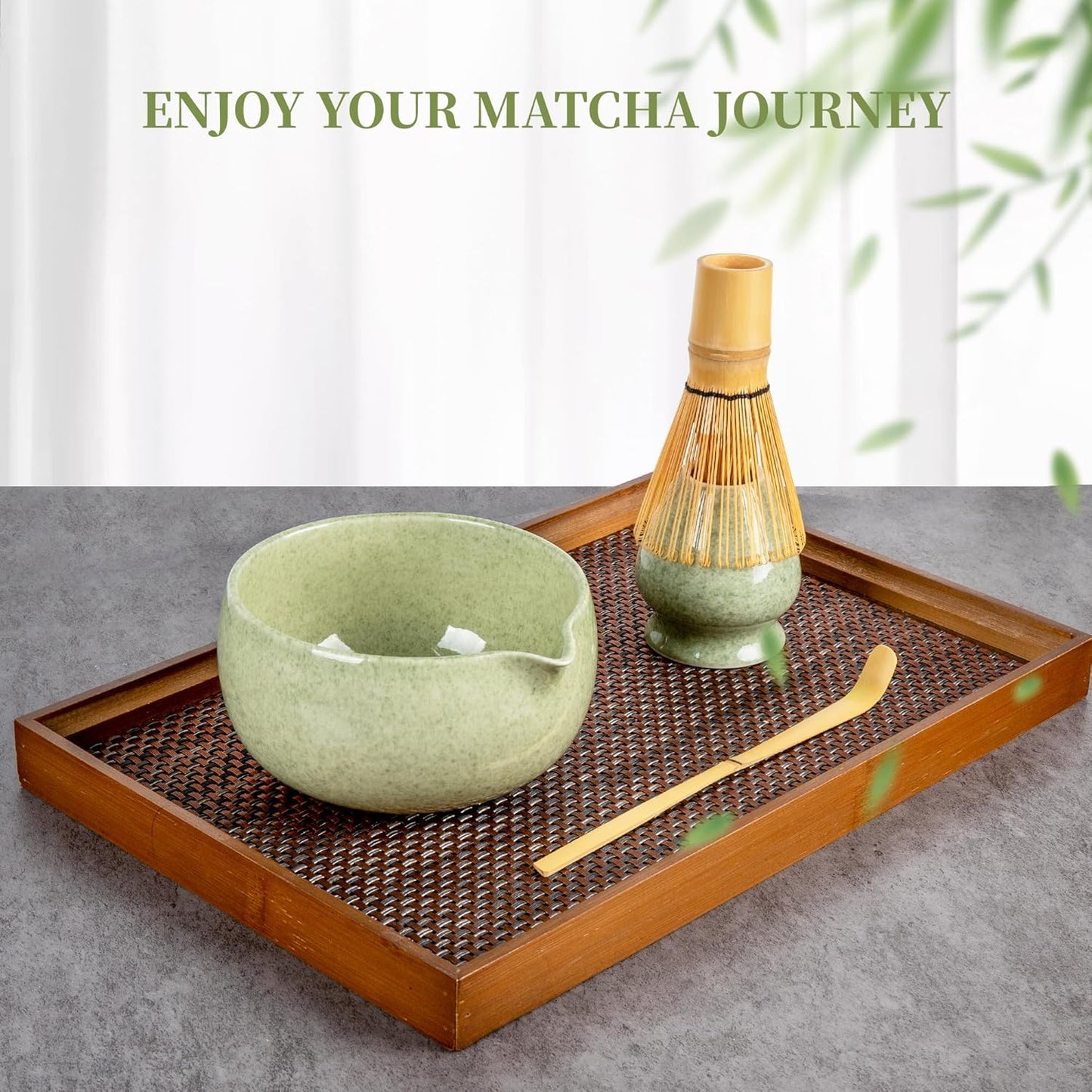 YIBO Matcha Whisk Set - Complete Ceramic Matcha Making Kit with Bamboo Whisk, Bowl & Tools | Mottled Green