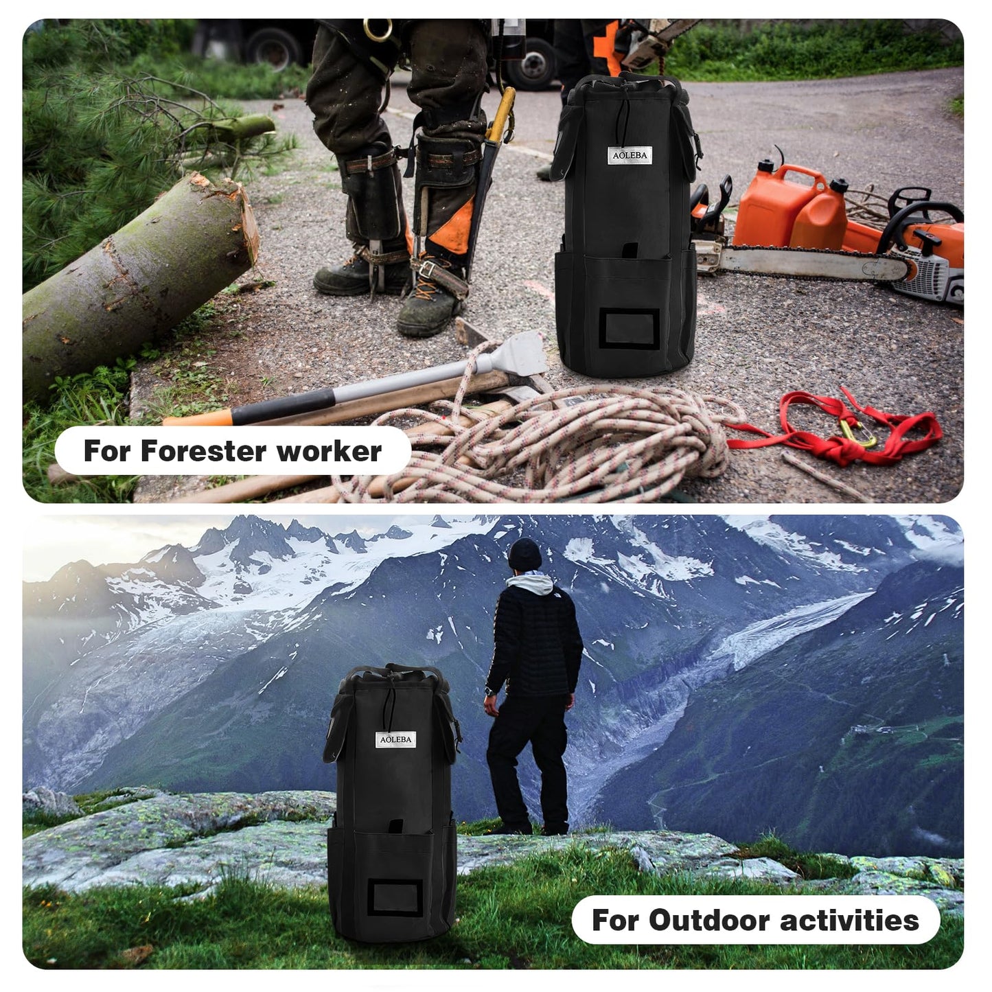 AOLEBA Arborist Rope Storage Bag Tree Climbing Rock Rope Bucket Backpack Rope Storage Bag 200' Large Capacity 1680D Thicken Nylon Material with Hand Straps, Side Pockets - Black