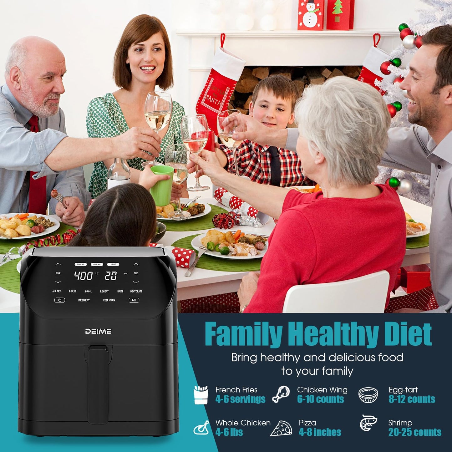 Air Fryer 6.2 QT Large Capacity Oilless Hot Air Fryers Oven 1500W Healthy Cooker with 8 Presets, Digital LCD Touch Screen, Non-Stick Basket, Included Recipe (Black-M)