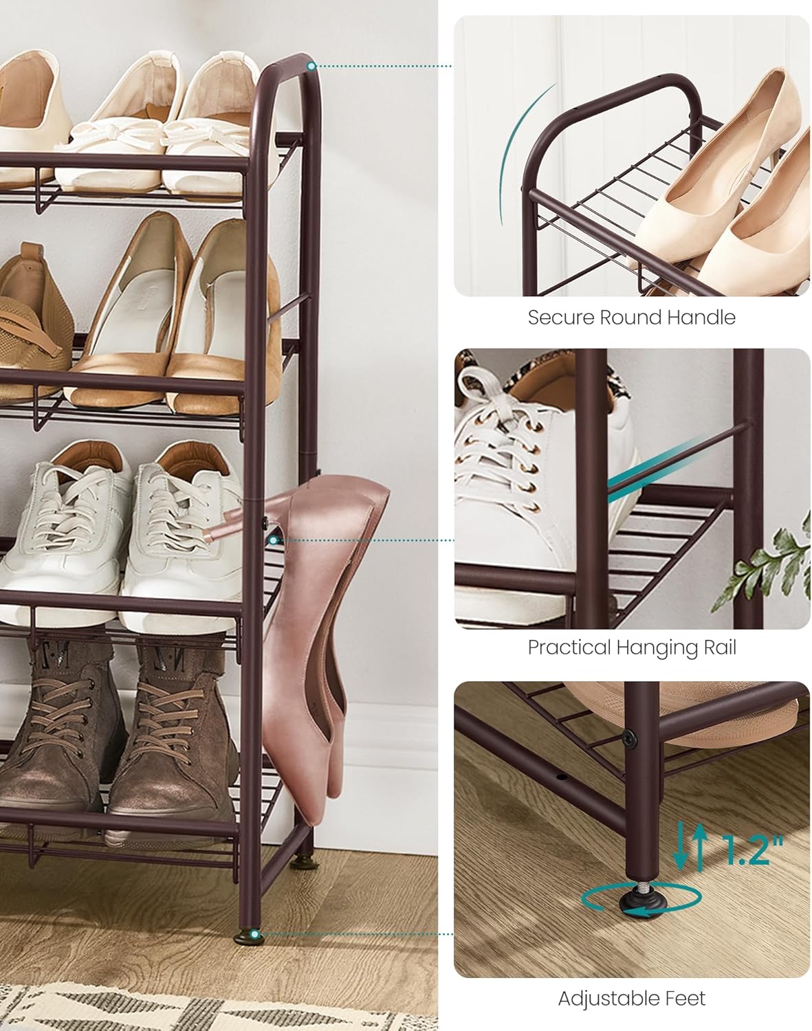 SONGMICS 4-Tier Stackable Shoe Rack - Adjustable Metal Storage Shelf for 16 Pairs | Bronze Finish