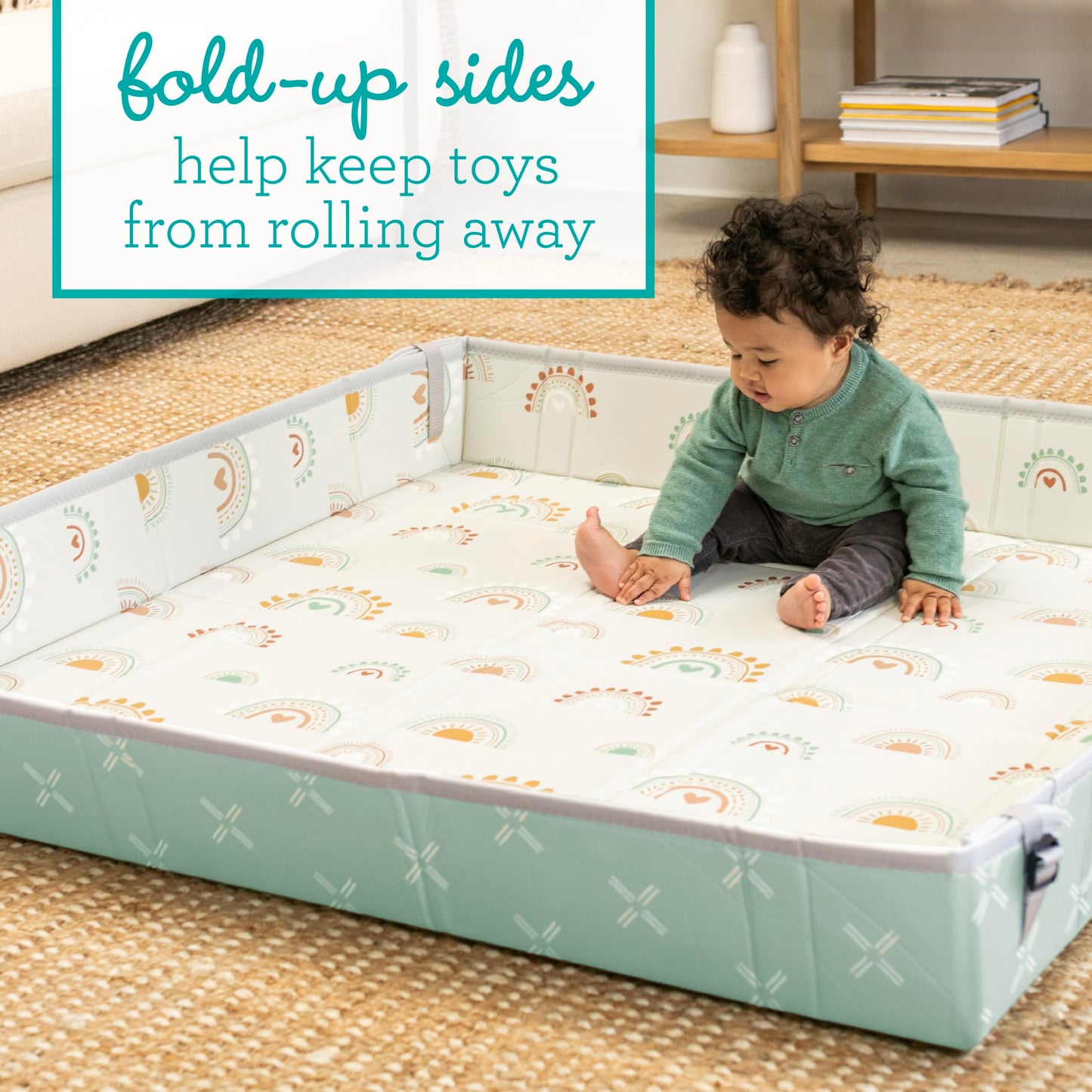 Infantino Foldable Soft Foam Play Mat, Reversible 57x57” Baby Mat for Floor Time, Lightweight, Portable & Easy to Store, Water Resistant, Wipeable, Rainbows