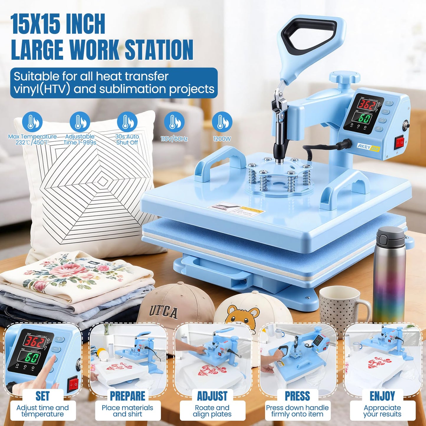 AKEYDIY Heat Press 15x15 inch 5 in 1 with 30OZ Tumbler Press, 360° Swivel Away Slide Out Digital Shirt Press Machine, Industrial Heat Transfer Machine Sublimation for T-Shirt (15x15-5 in 1 Blue)