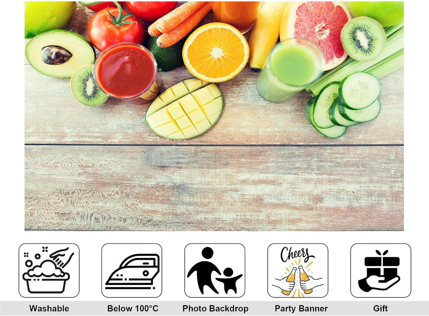 KeyWork 10x7ft Fresh Fruit Smoothie Backdrop Colorful Produce Wooden Table Photography Background for Healthy Themed