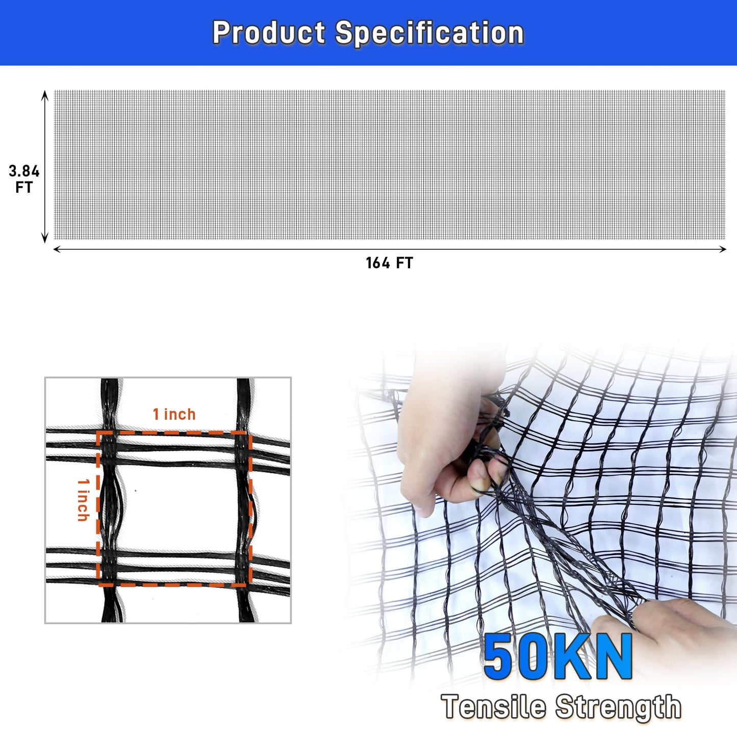Universal Geogrid Roll 3.84ft x 164ft Retaining Wall Fiberglass Geogrid, 50KN Tensile Strength Driveway Ground Gravel Grid with Mounting Screws for Asphalt Pavement and Soil Road Slope Reinforcement
