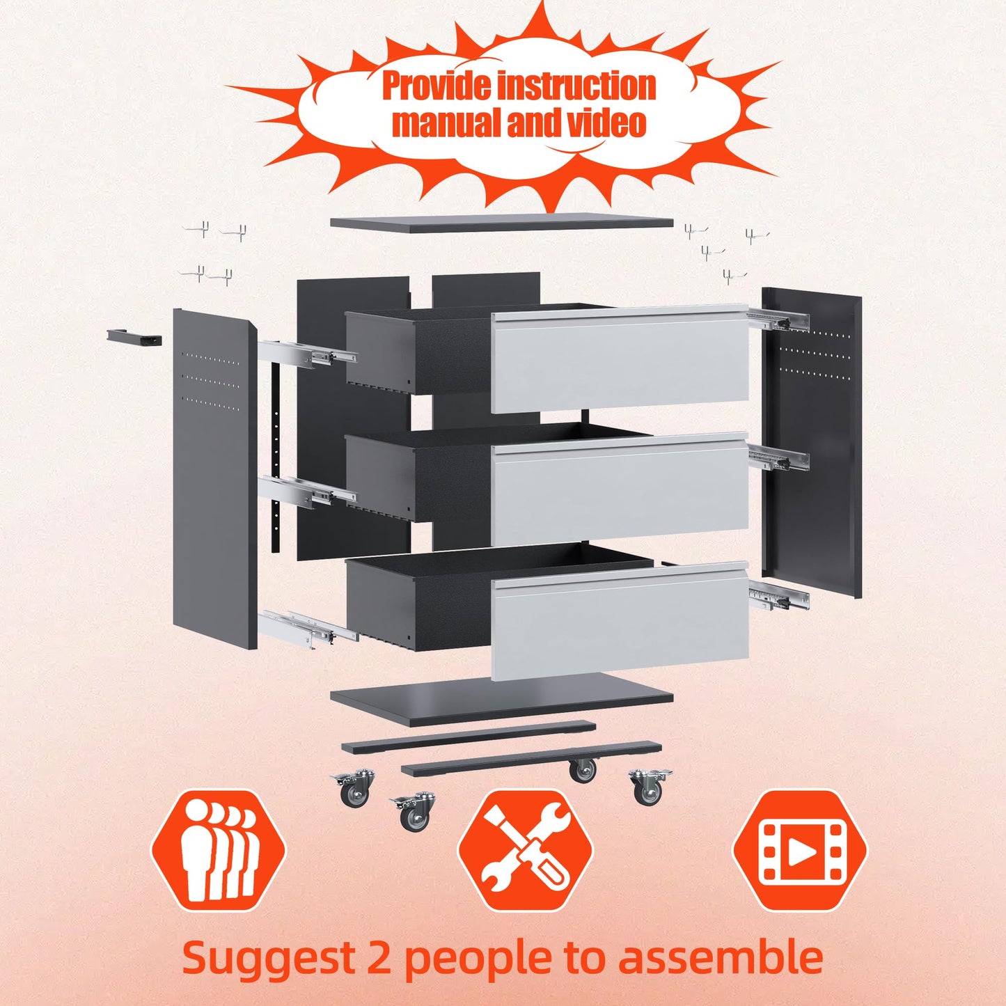 Aobabo Metal Garage Storage Cabinet with Wheels, 3-Drawer Rolling Tool Chest with Lockable Casters and Pegboards for Workshop Office, 35.43" H x 30.31" W x 18.11" D, Assembly Required, Black/Gray