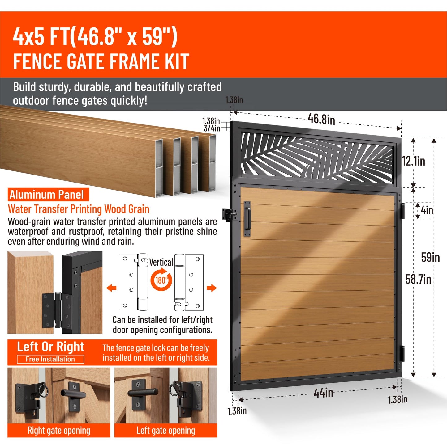 Uphode 4x5FT(46.8" x 59") 201 Stainless Steel Fence Gate Kit Heavy Duty, Anti Sag Metal Fence Gate Frame Kit with Aluminum Board, Morden Garden Gate Hardware Kit Outdoor (Left/Right Free-Installation)