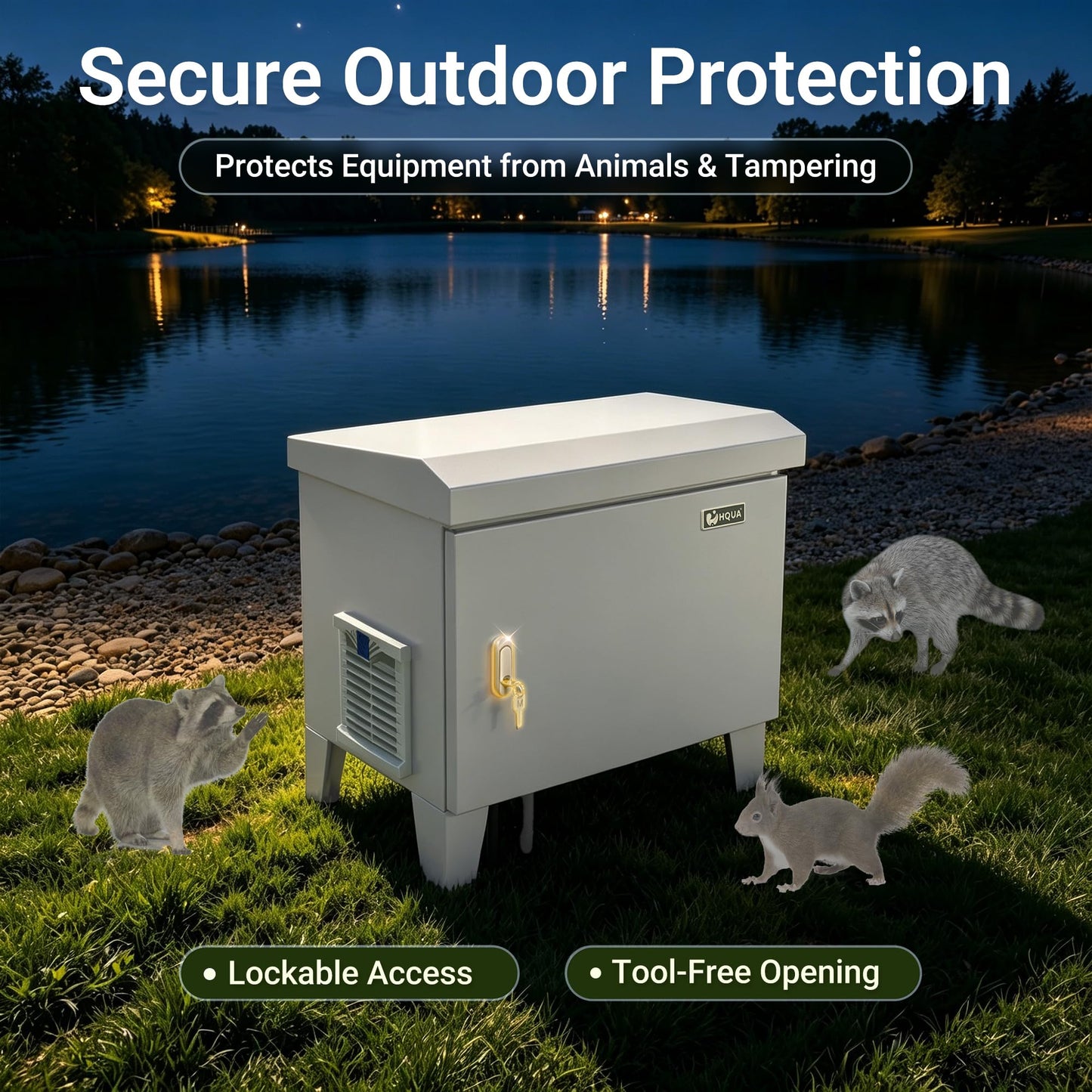 HQUA Pond Aerator Pump Cover Cabinet, Weatherproof Outdoor Protection System with Cooling Fan, Pre-Wired Outlet & 10 ft Power Cord, Galvanized Steel Enclosure 19”W × 14”D × 18.5”H